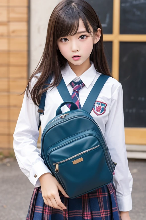 An eight-year-old girl, schoolboy school bag, cute pink school uniform, animal hanging, ponytail, headband