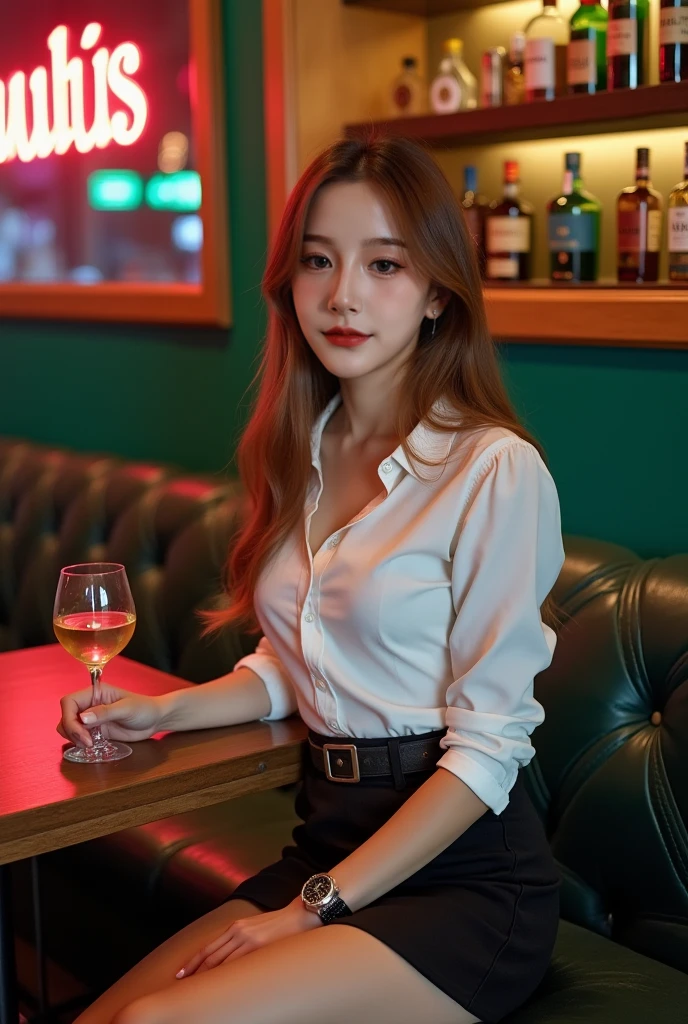 "A 2 woman is seated at the dimly lit counter of a moody, sophisticated cocktail bar, her posture relaxed as she sips a martini from a delicate glass. She has a melancholic expression on her face, framed by frameless glasses and highlighted by the rose-pink lipstick on her lips. Her outfit consists of a striped blouse underneath a gray business suit, adding a touch of formality to her appearance. The bar’s lighting is generally dark, but a soft, warm light illuminates the area around her, creating a gentle spotlight effect. The setting features vintage decor, with dark wooden panels and neatly arranged bottles behind the counter. The intimate atmosphere is further enhanced by the flickering light of a nearby candle and the soft jazz playing in the background, casting subtle shadows across her face."