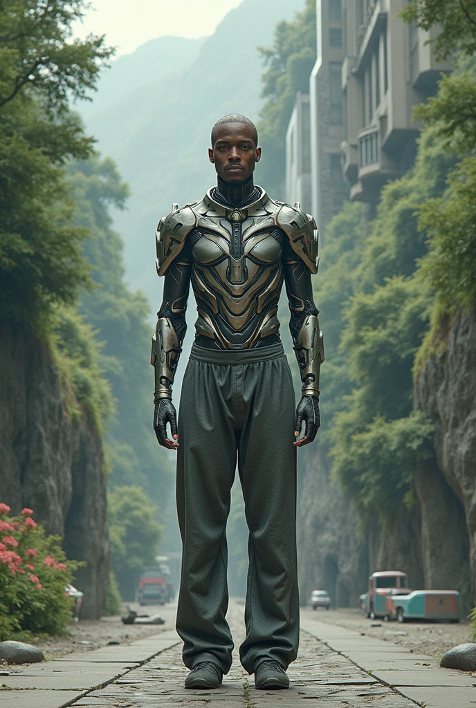 (a supernatural black Brazilian entity:1.1, half man:1.1, half ant, technorganic saber:1.1), (medium:1.2, digital art), detailed human anatomy, ant-like exoskeleton, glowing eyes, intricate tribal design, jungle background, vibrant colors, dramatic lighting