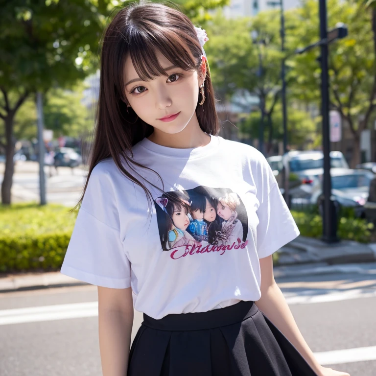 8K,masterpiece,Japanese 15year old girl,from the front,Innocent face,calm eyes,Childish,T-shirt,short sleeve,short skirt,semi-long,noon,bright,Kyoto