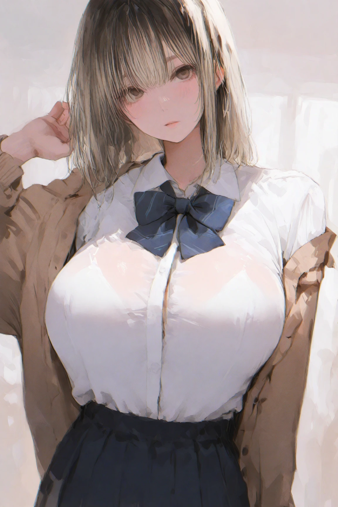 absurdres, (masterpiece, best quality), (ultra-detailed), extremely detailed, super high resolution, (Top Quality photorealistic Illustration), (Super Definition), (best quality,masterpiece:1.0),(cute illustration:1.3), (high Saturation:1.2), highres, ultra-detailed, 32k,8k resolution, intricate details, cinematic scene, detailed background, detailed background,(masutepiece:1.2), (Best Quality:1.2), hyper detailed illustration, beautiful artwork,(Extreme detail CG Unity), (8K Wallpaper)、(exquisite lighting and shadow)、(highly dramatic picture)、(cinematic lens effects),strong light coming in, BREAK 1 girl, (aaerika:1.8),cute girl, (round face:1.6), (baby face:1.6), (kawaii:1.6), (cute:1.6), (loli face:1.6), (round eyes), (ultra-detailed brilliant big eyes), (large pupil), ((shiny skin)), ((pale skin)), (shy), (blush), smile, BREAK baby pink eyes, long hair, twintails, hair ribbon, , neck ribbon, collared shirt, BREAK(open shirt:1.6), (show off nipples:1.8), (exposing bare breasts:1.8), (exposed chest:1.8), (no bra:1.3),medium breasts, (small nipples:1.2), (small areolas:1.2),white jacket, black skirt, pleated skirt,(floating skirt),(very extremely small panties),(pussy line), Hands between legs,(Sitting on the stairs),knees up, Big smile Evil smile