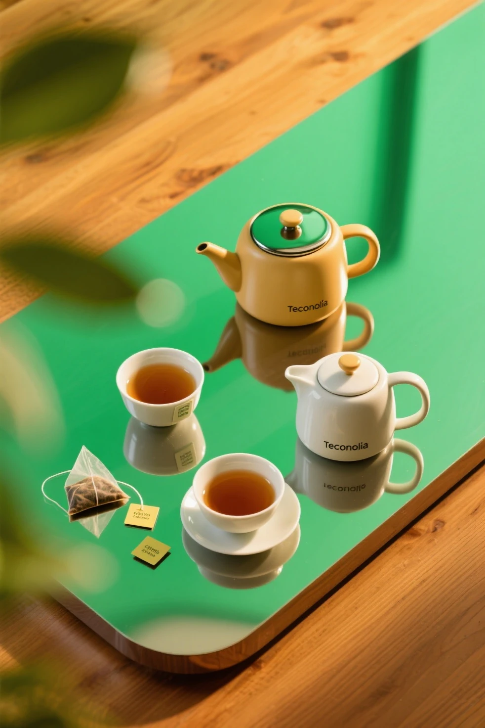 The glass kettle and glass lunch box are suspended on a solid color background