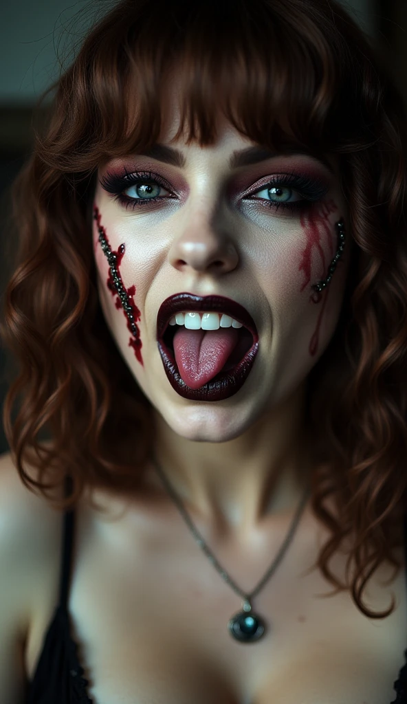 (age 25) a psychotic ex girlfriend (crazy makeup, long messy hair, strappy tattered lingerie, jagged tools), smile teeth showing, large crazy eyes, blood spattered bedroom, blood splattered over body,