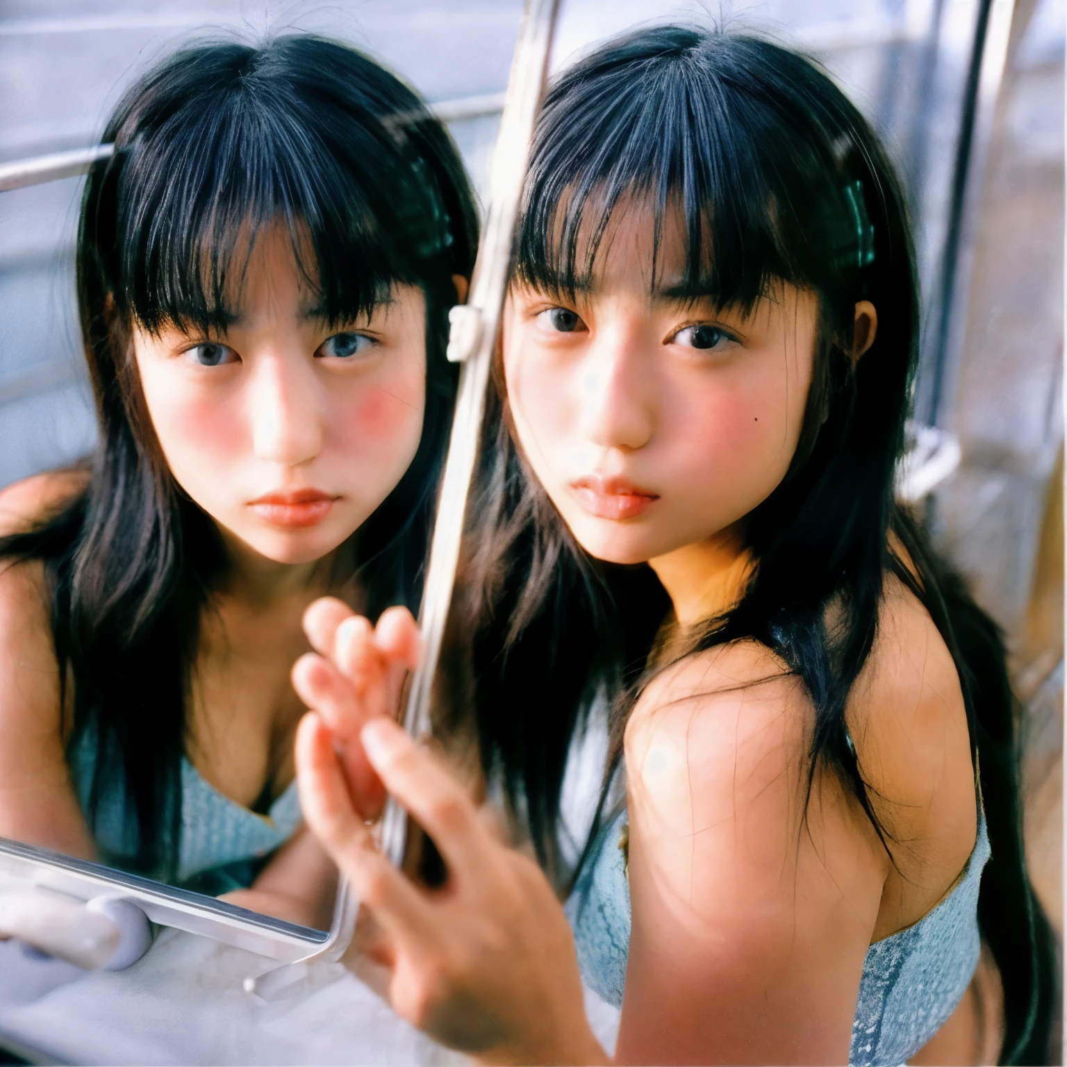 Japanese identical twin sisters, 2

Upper body or close-up shot

Casual snapshot style, like taken with a disposable camera or old smartphone

Retro film photography imperfections


Blurry mirror reflection of one twin behind the other, surreal feel.

