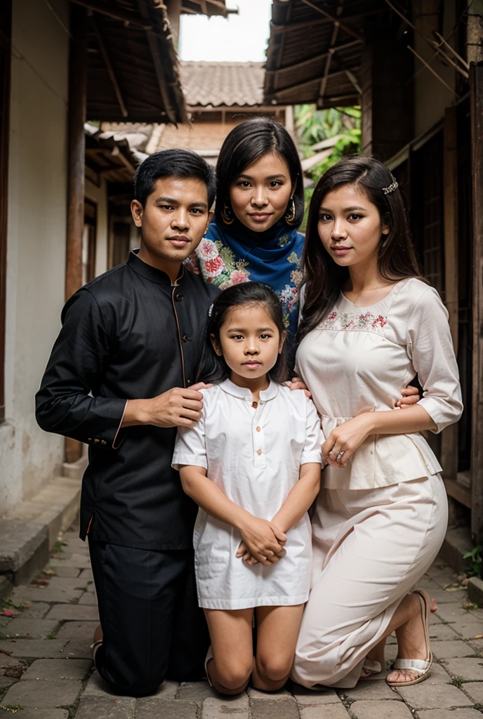 Family study photo of a 28 year old woman wearing a headscarf and a 4 year old son wearing a hodi shirt. Genuine and realistic Indonesian people