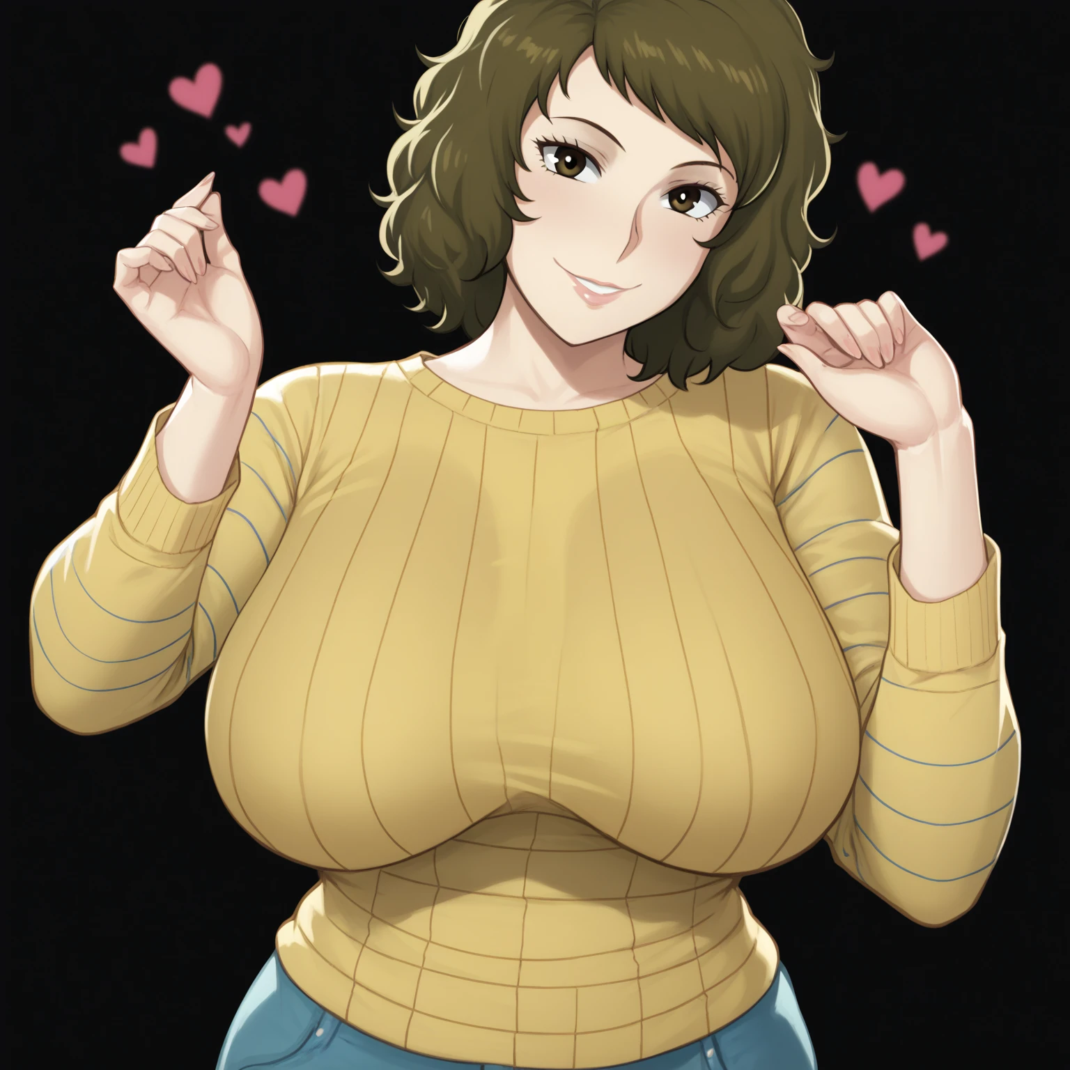 score_9, score_7_up,  a full body girl, Alone , Kawakami Sadayo, mature woman, portrait, light smile, depth of field, yellow sweater, mature woman, big breasts, head tilt, heart, black background,slutty
