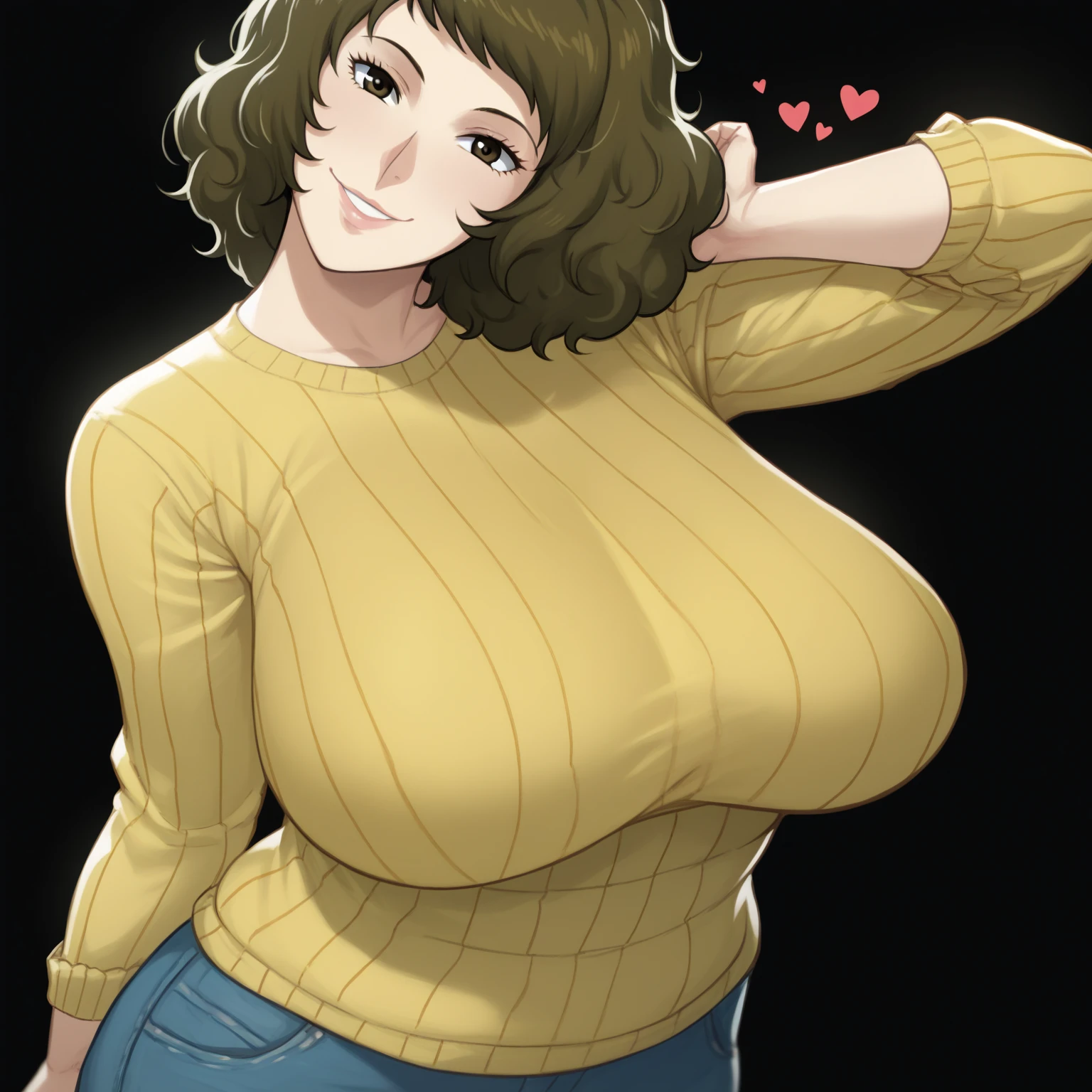 score_9, score_7_up,  a full body girl, Alone , Kawakami Sadayo, mature woman, portrait, light smile, depth of field, yellow sweater, mature woman, big breasts, head tilt, heart, black background,slutty