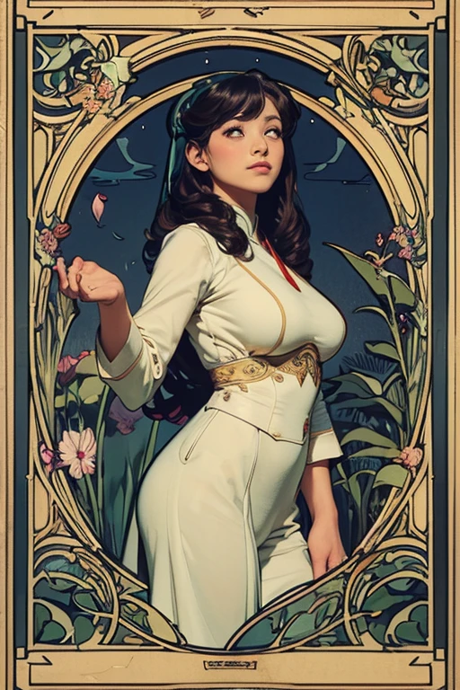 best quality, masterpiece, (1mom, big-vampire-mommy, Alcina-Dimitrescu:1.05), 1girl, solo, breasts, large breasts, black_hair, gloves, hat, sun_hat, dress, white dress, long dress, cleavage, jewelry, earrings, tall female, mature female, pale_skin, yellow eyes, makeup, pearl necklace, black rose, black flower, full body, castle, indoors, looking at viewer,