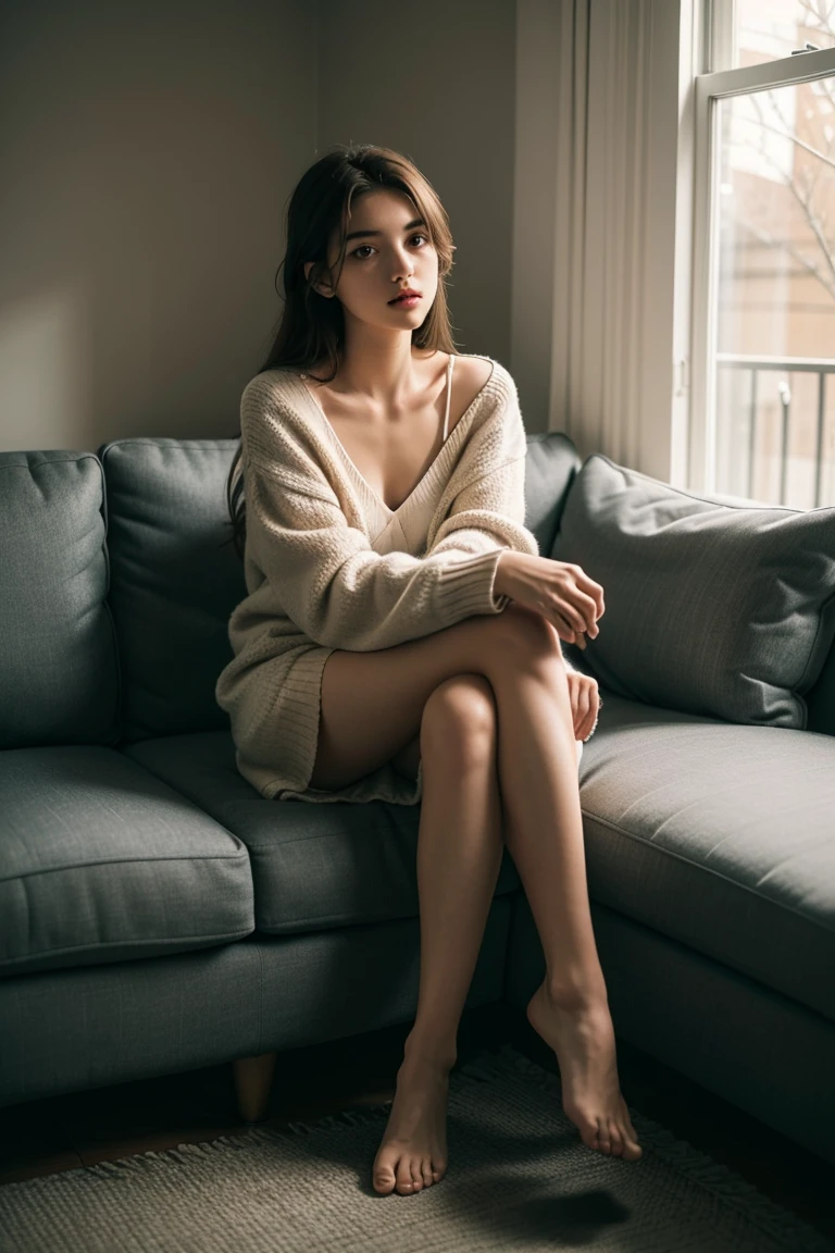 1girl,sitting on a cozy couch,crossing legs,soft light, staring into lens, black boots