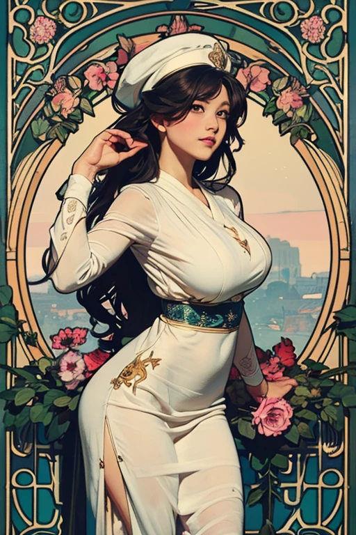 ((masterpiece)), (best quality), (ish), Art Nouveau watercolor painting , moon goddess , Big breasts,robe,thong,Show your neck,bare shoulders,Show belly button,camel toe exposed,Plum blossom pattern tattoo on butt,big eyes, long, thick eyelashes, plump lips, dark red eyes, hair long and thick, high ponytail, chubby, flowery_background, Intricate designs and patterns in the style of Alphonse Mucha.from behind