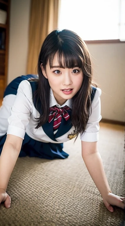 table top, highest quality, japanese girl, 8K, RAW photo, highest quality, table top, nffsw:1.2, Highly detailed RAW color photos, professional photos, (realistic, realistic:1.37), (highly detailed skin:1.2), ultra high resolution, (Lenz 50mm), (table top, highest quality:1.3), (Ultra-detailed 8K CG:1.2), (超realistic:1.35), (realistic:1.45), (realistic:1.4), cowboy shot, White lace panties are visible、The whole body is visible、barefoot、
1人の美しいjapanese girl, 17 years old, high school girl, school uniform, Supermodel, japanese idol, exposed chest、roll up the skirt, checked skirt, chest comes out、Her shirt comes off and I can see her cleavage、No bra、Hiding the chest with hands、Hand bra、emphasize、big breasts, (sitting on the desk:1.1), (school uniform:1.4), (spread your legs:1.2),
(school classroom background:1.1)、fiery idol pose、adult、actress