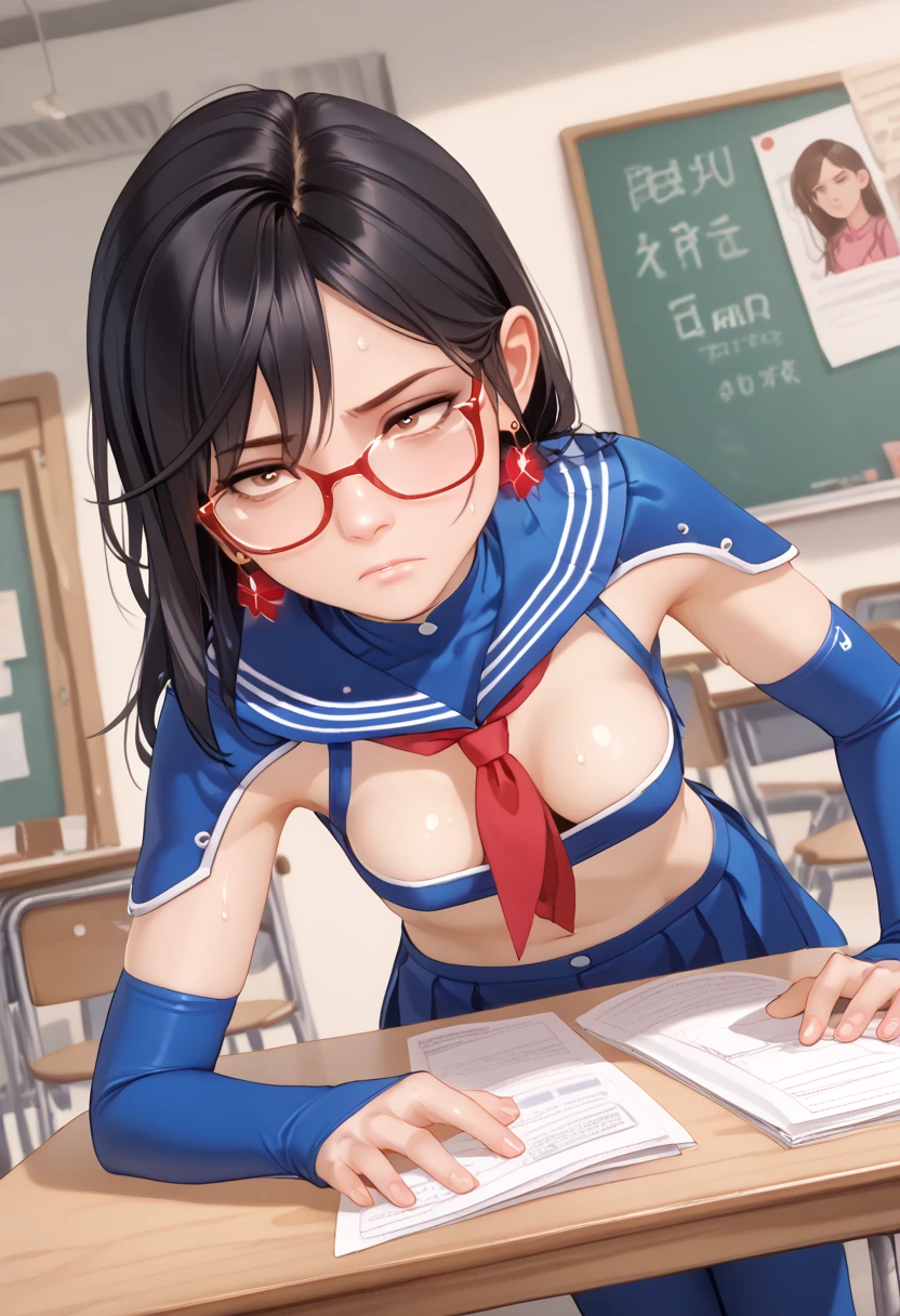 Score_9_up, score_8_up, score_7_up, 1girl, faired skin,(black hair ponytails with bangs), standing, arms behind head, embarassed face, clench teeths, looking angry, medium breast, tall body, big mouth, big lips, aquamarine bra, aquamarine panties, inside classroom, pee