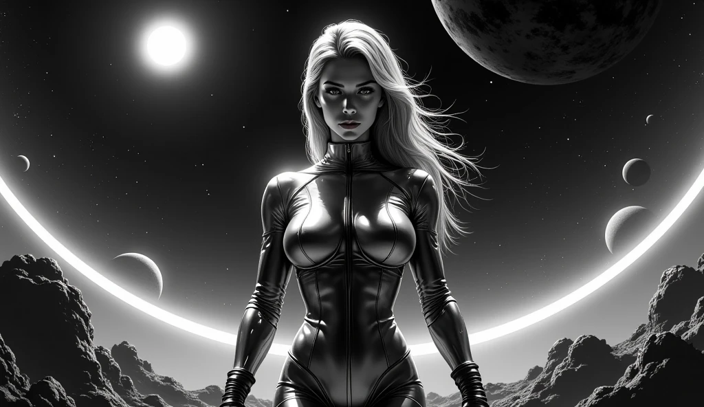 We can see Planet Earth on the sky from the Surface of the Moon. Beautiful nude woman with massive breasts. The breasts are not covered by anything. Red full lips. full body view. Sexy blonde hyper realistic model with well detailed green eyes, thin face. shiny blue stockings. Woman is standing on the moon