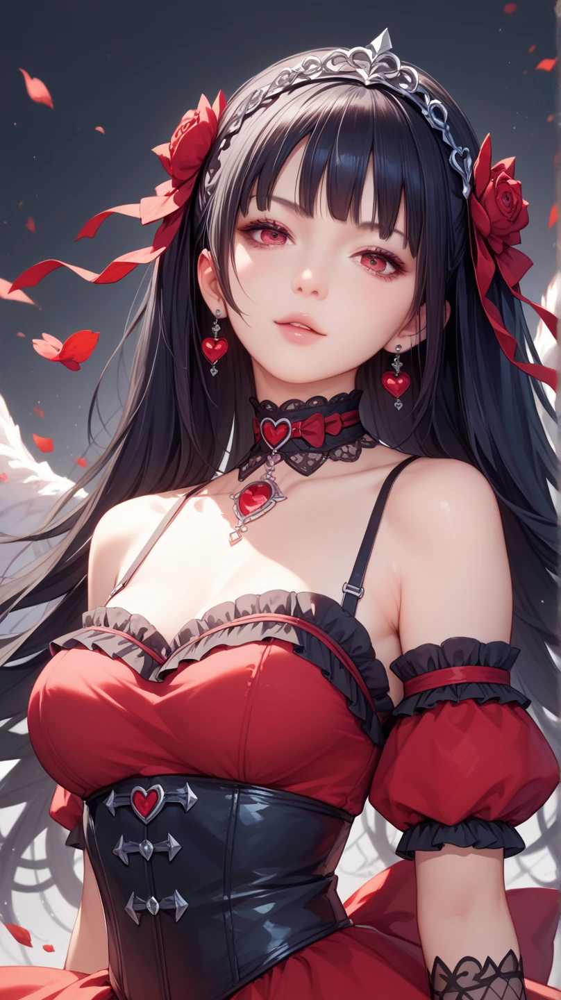 perfect anatomy, masterpiece:1.2, best quality, 8k, beautiful detailed grow, daydreaming expression, (((heart in hands))) close-up face (a straight black hair long hair femdom cute girl, 17 yo, bigboobs, love smile), ((ultra-cute heart-shaped pupils eyes)), in a cute red rose dress, long skirt, in the enchanted room.