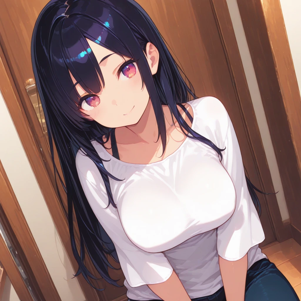 One Girl, , smile, blush, Making a peace sign Close one eye sun, cloud Nipples Chest and crotch are exposed
(masterpiece)(High resolution)(head shot)(From above)(Fisheye Lens) 18-year-old girl with huge gradient eyes. ((Flat Chest)). she has been there for a very long time, Black straight hair with diagonal bangs. straight, long hair bunches. No ears. ((She is wearing a purple baseball T-shirt.)) She is wearing jogging pants, And knee-high socks. She is posing for Dozega on the sofa, Looking up at you, (Very mischievous, A big smile). blush. Exquisite facial details. Shiny skin, The light reflecting off her lips.