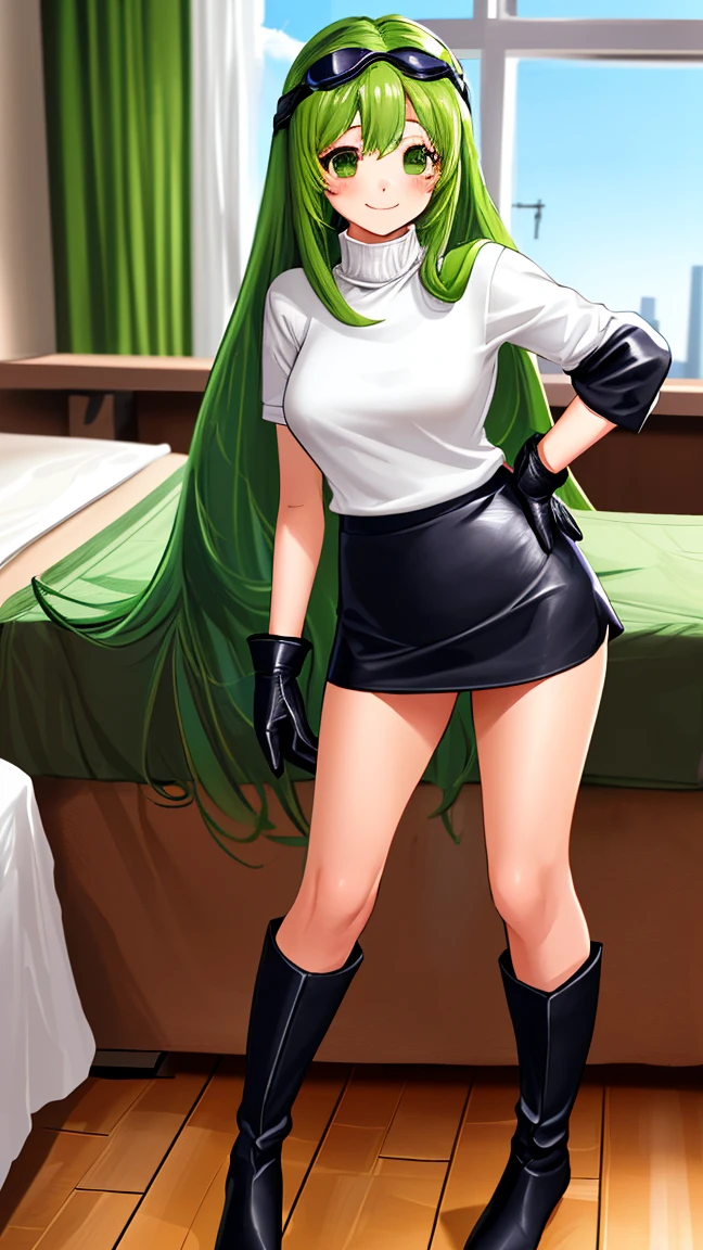 Anime girl with green eyes and a green hat posing for a photo., realistic anime art style, animated style 4 k, seductive anime girl, realistic anime art style, animated style. 8k, attractive anime girl, 3d realistic anime style., ig model | artegerm, extremely detailed artegerm, realistic young anime girl, animated style portrait, neck tattooed with a REUSK7 gothic letters