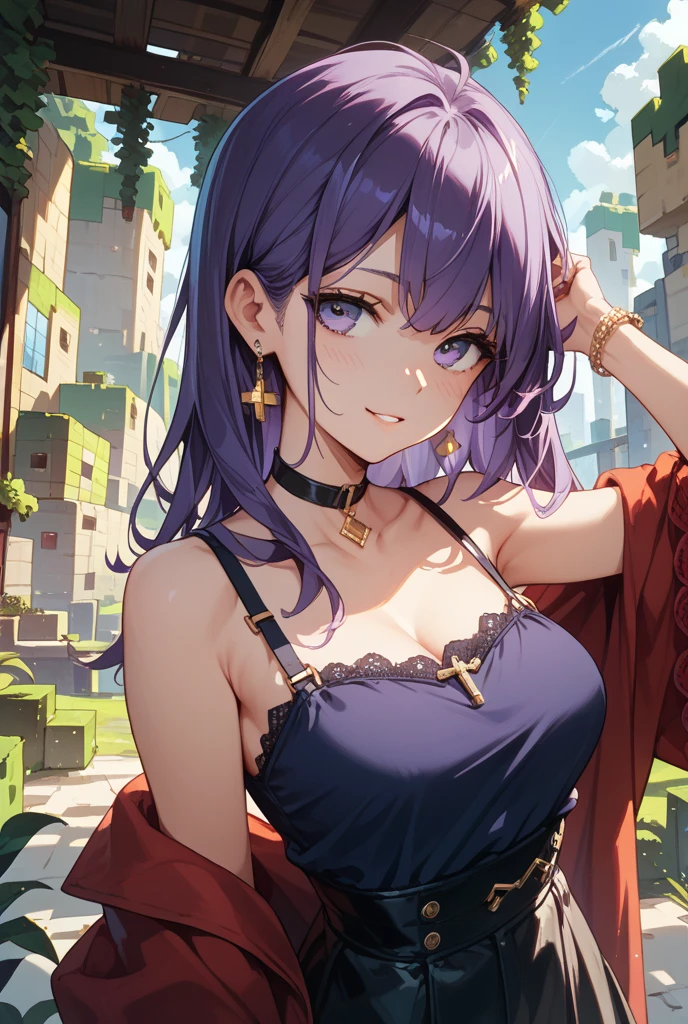 ((Masterpiece)), (highly saturated), (Anime:1.5), ((best quality)), (sketch:0.3), (best quality:1.2), (Professional Photography:1.2), (12 years old), ((1girl)), Textured skin, cinematic lighting, intricate details, pale purple hair, cute teenage girl, (shy and very blush), lower eyelashes, (loose blunt bangs), red mesh, single elbow glove, ragged short shorts, cute bikini top only, (slightly strap slip), Thin chain necklace, belt, bullet, upper body, potrait, (place hand on hip), ((On the precipitous cliff)), (sharp focus), perfect hands, perfect light,