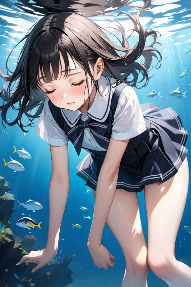 portrait, sharp focus, soft lighting,, , illustration, depth of field, (bloom:0.4), kagomexl, long hair, black hair, brown eyes, bangs, , serafuku, sailor collar, red neckerchief, anime coloring, cloth gagged, underwater background, shibari, hands behind back, eyes closed, show full body, underwater background, coral reef, face turning blue from oxygen depravation, looking above, tied up with tape and rope, ball and chain on one leg, legs bound, wrists bound, white cloth gag over mouth, subject off center to the left, legs and ankles tied up, , white cloth gag, angry and panic expression, panicked and struggling, dark green skirt, pink panties, ball and chain anchoring her to ocean floor, ball and chain around legs dragging her to ocean floor, shibari around legs