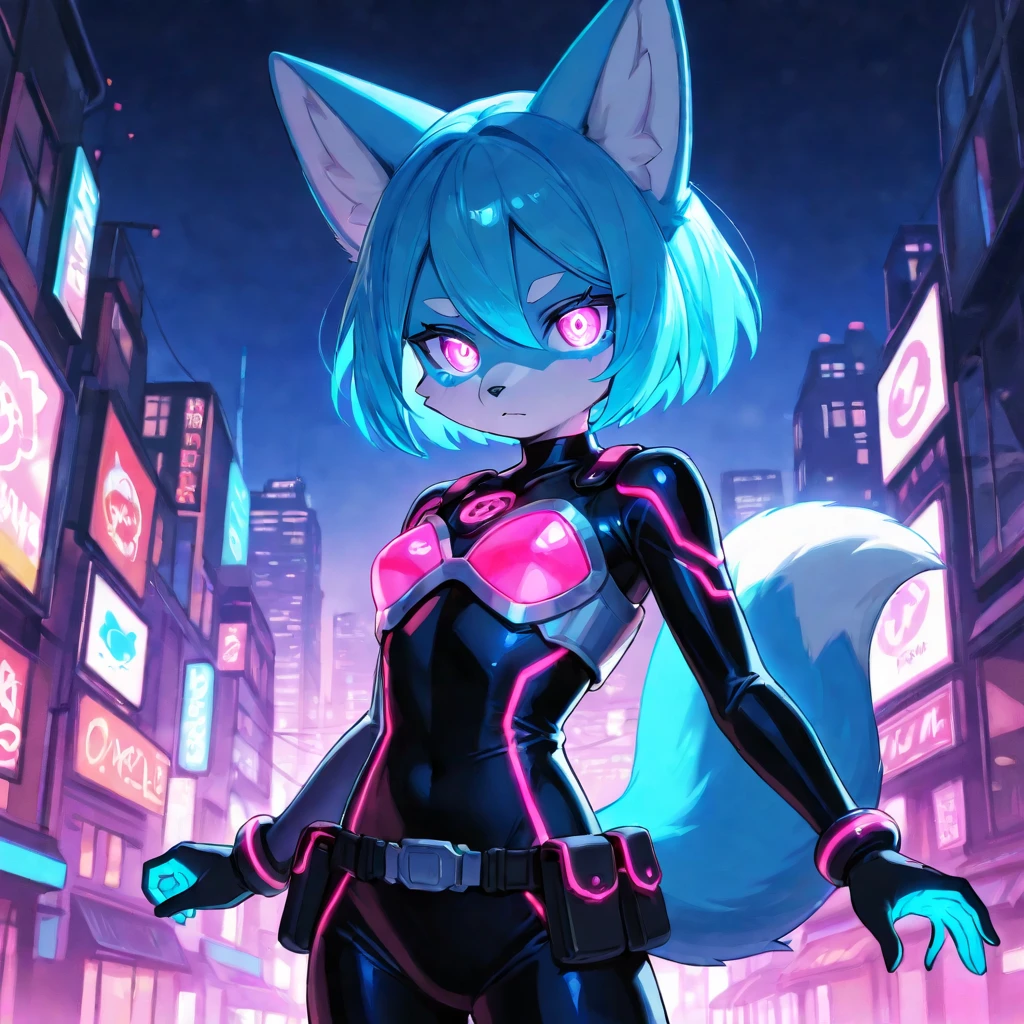 Furry girl, Fox, blue hair, spiky hair, anime style, small breasts, orange eyes, high quality, detailed body, detailed eyes, detailed face, masterpiece, glistening body, best quality, skinny, :3, sassy face, cyberpunk city, night Sky, two tone body fur, orange body, clear orange fur, blue jacket, open clothes, black bikini, shorts, spectacular effects, electrical aura, electrical hands, detailed hands, robot hand, cyborg, headphones, paws whit three toes, glistering body, shiny body,