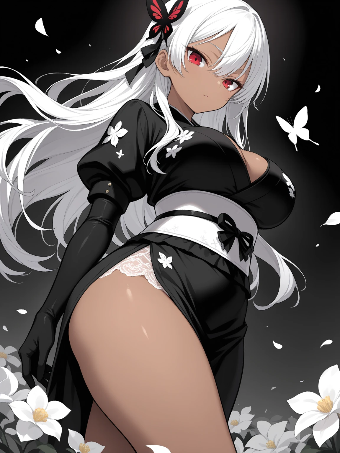 Fox Girl(short white hair,Red eyes),wife,Black lace nun dress,White lace stockings