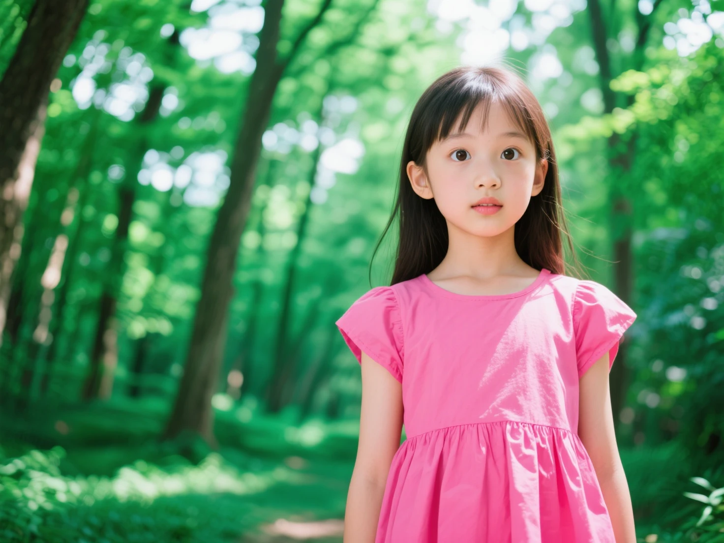 8k,masterpiece,Japanese,,from the front,Innocent face,Calm Eyes,Childish,T-Shirts,Short sleeve,Short skirt,semi-long,noon,bright,By the side of a fresh green tree