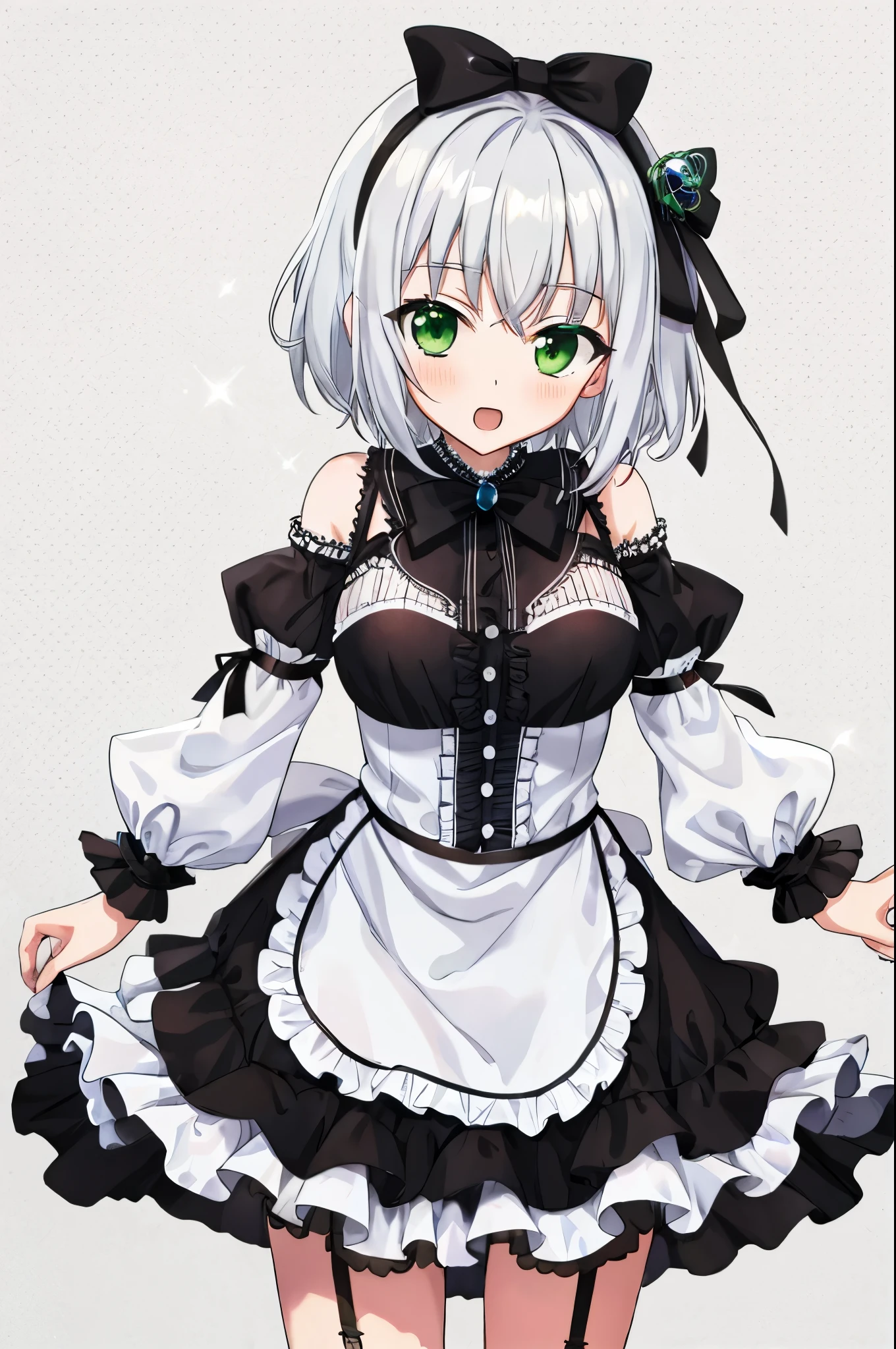 アンドロイド,損傷,Silver Hair,green eyeS,Short Hair,Ribbon on head,Cute clotheS,frillS SleeveS,frillS,garter Strap,White background,(maSterpiece,HigheSt image quality,beSt quality),Simple background