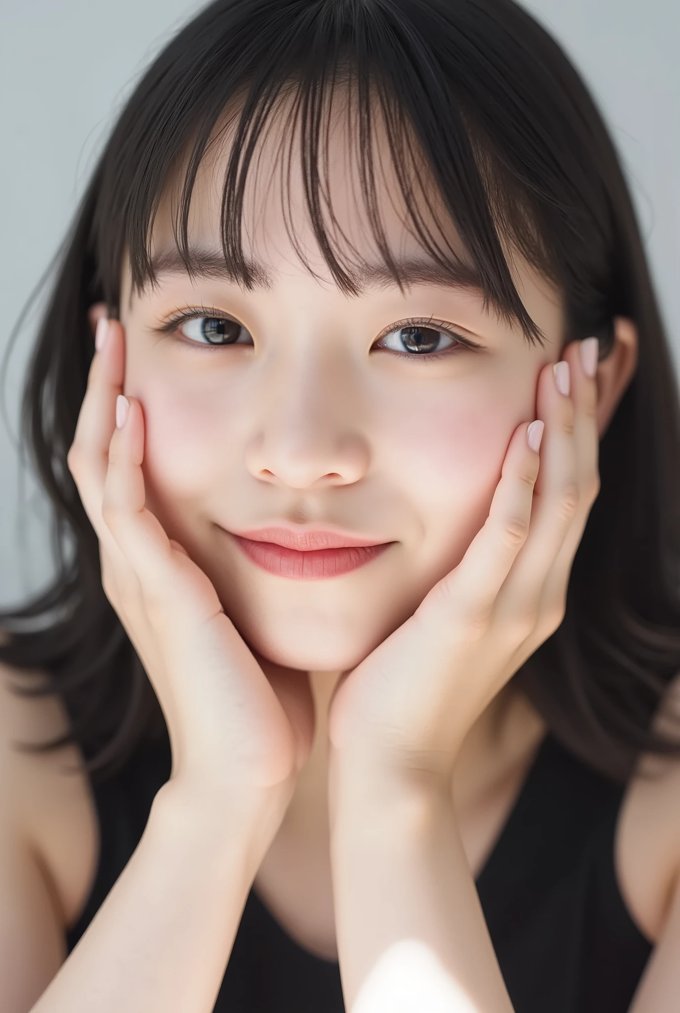 extreme close-up portrait, beautiful girl with her love-struck, radiant face filling the entire frame (95% face ratio), gently placing both open hands on her flushed cheeks with soft fingers, soft black camisole, white blurred background, eyes dreamy and half-lidded, deeply adoring gaze fixed straight at the viewer, irises ultra-detailed with intricate rainbow reflections and glowing catchlights, moist and sparkling eyes as if about to tear up from overwhelming joy, soft melting smile revealing slightly parted lips and upper teeth, skin with visible soft pores, realistic skin texture with warm lighting and subtle shadows, delicate eyelashes, glossy lips with natural highlights, cheeks glowing with deep blush, cinematic soft lighting, lifelike expression full of romantic euphoria, overflowing with happiness, warmth, and pure affection, subtly tilting her head as if whispering a name in total bliss, ultra photorealistic, masterpiece, 8K, hyperreal detail, skin pores, detailed iris texture, cinematic mood