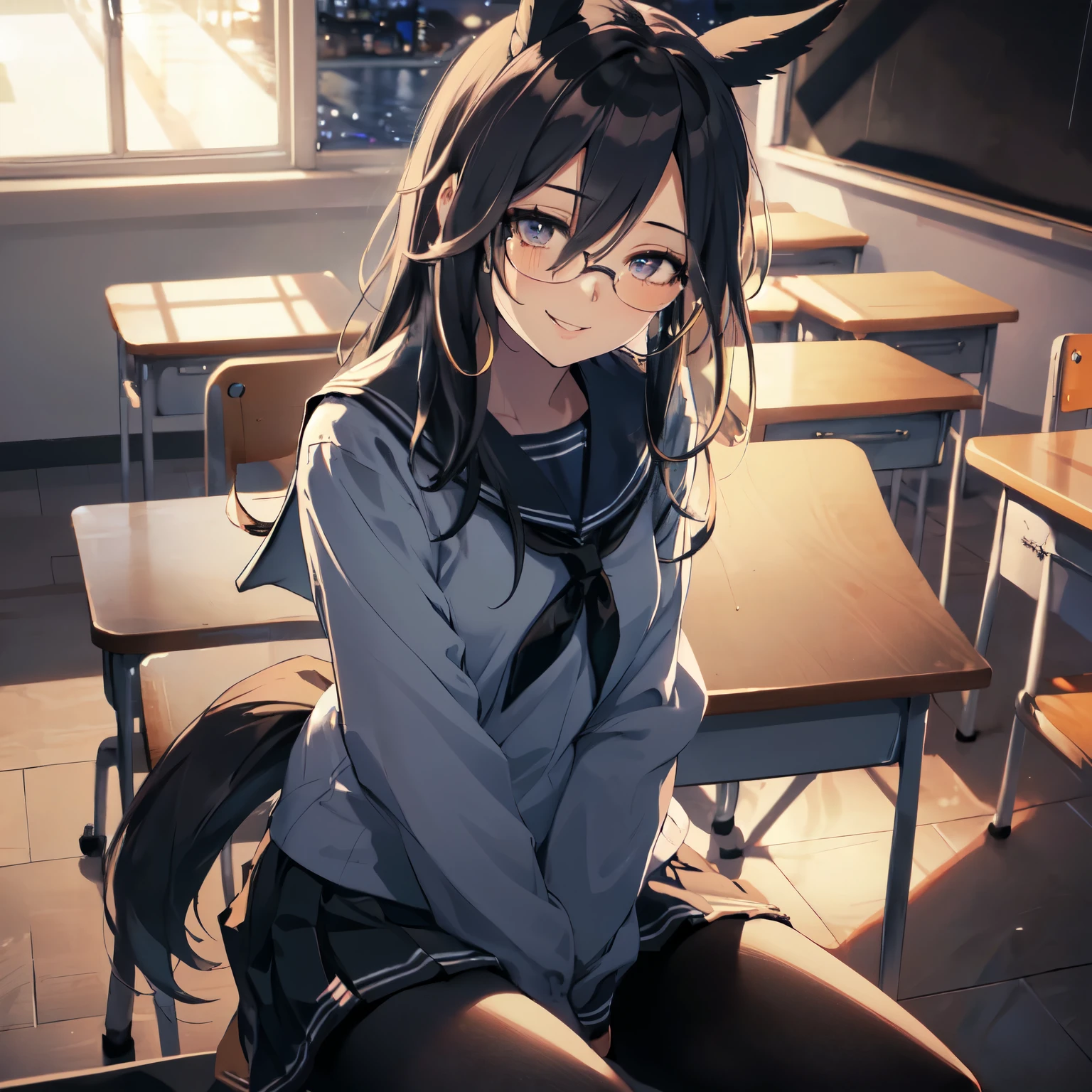 (Solo: 2). Girl. (Girl with horse ears: 1.5). (Girl with horse tail: 1.5). (Black hair: 1.5). (Super long hair: 1.5). (Slant eyes: 1.5). (Arm between legs: 2). (Sailor suit: 2). (Black pantyhose: 1.5). (Short skirt: 1.5). (Glasses: 1.5). (Staring at you with a seductive smile: 1.5). (2DCG animation). (Nighttime. Classroom at night: 1.5). Exquisite anatomy. Exquisite anatomy. (Amazing. High quality. High resolution). (Dutch angle: 1.5x). (Close-up of upper body). (Top angle)