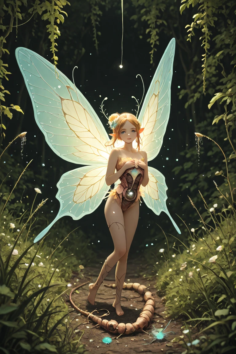 (1girl, solo:1.2, (girl is in the water, from behind, sexy pose, alluring) ), (girl is nude, (redhead short hair), (small butterfly wings), (detailed  face), (healthy body)), (background, enchanted forest, waterfall), (detail):1.1, (wide view)