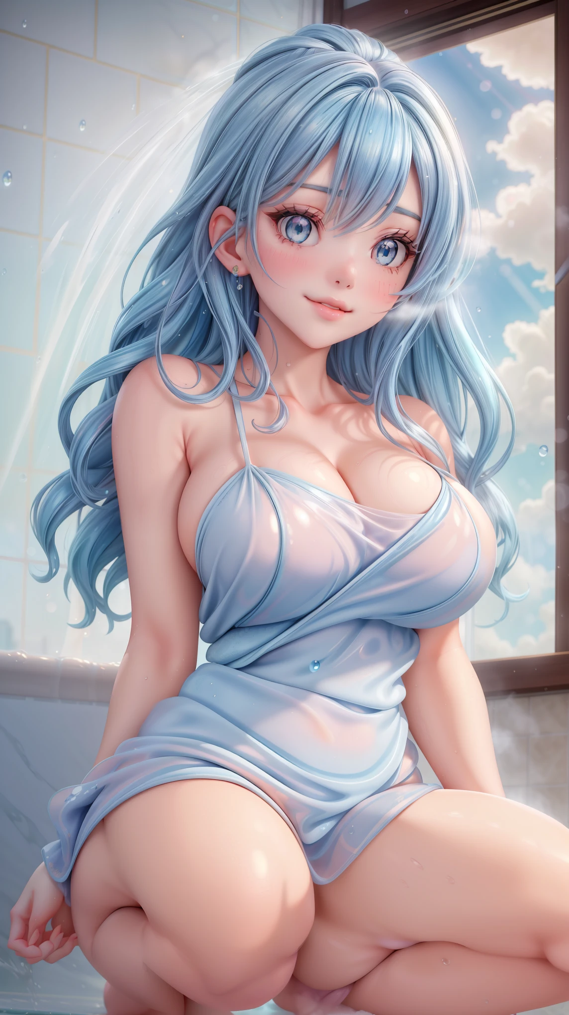(Masterpiece, BestQuality:1.3), (ultra detailed:1.2), (hyperrealistic:1.3), (RAW photo:1.2), High detail RAW color photo, professional photograph, (Photorealistic:1.4), (realistic:1.4), professional lighting, perfect anatomy, (Big Breasts:1.2), (blush, detailed face), (cheerful Smile:1.5), (Blue Hair:1.5), Trending Hair&Trending Hairカラーをランダムに, earrings, necklace, bracelet, sexly, erotic sexly, Random sexy gravure poses, (A beautiful woman wearing a white see-through blouse and shorts、Smiling seductively in the steamy bathroom。With long hair、Sexy pose sitting on the edge of the bathtub。: 1.3)