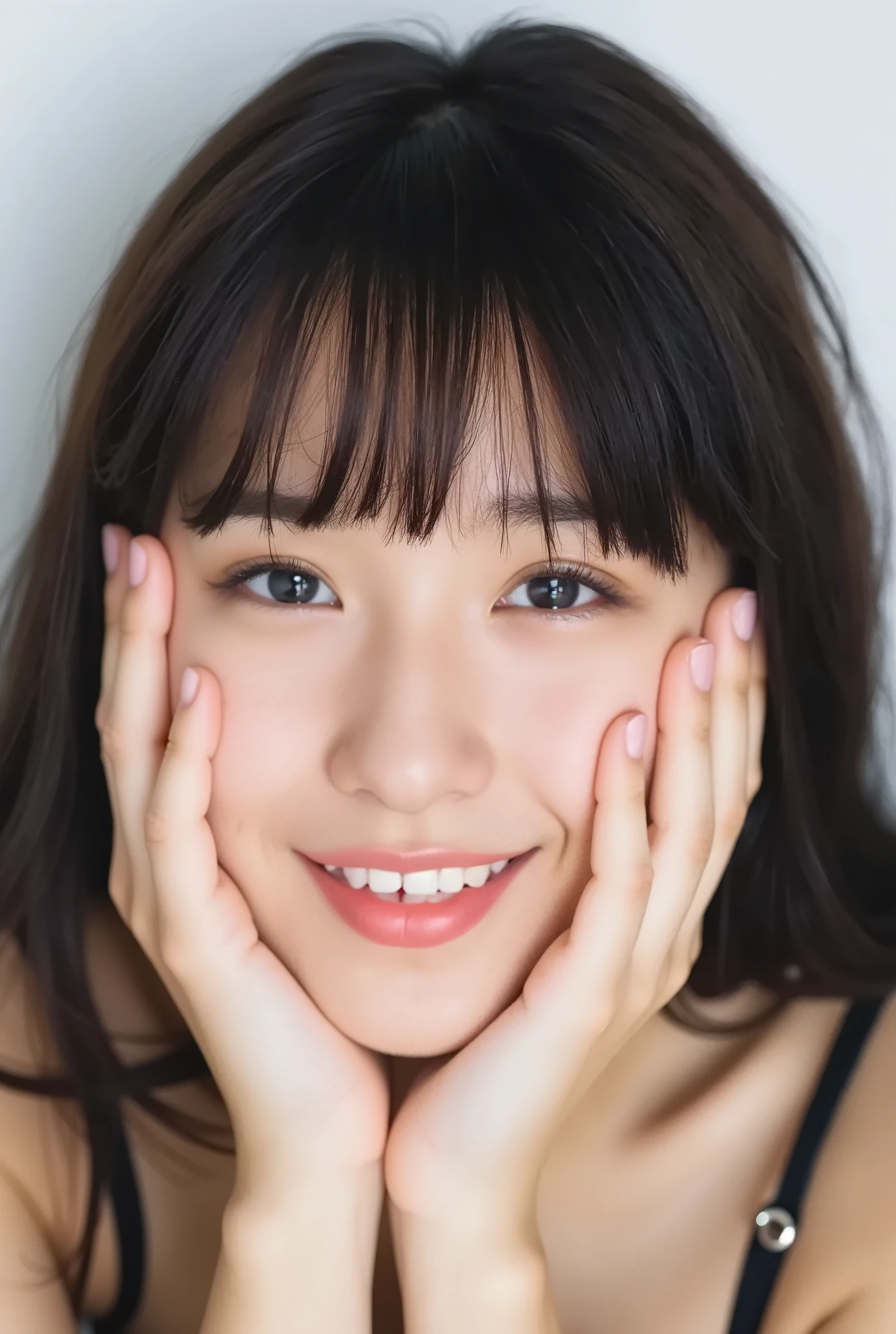 extreme close-up portrait, beautiful girl with her love-struck, radiant face filling the entire frame (95% face ratio), gently placing both open hands on her flushed cheeks with soft fingers, soft black camisole, white blurred background, eyes dreamy and half-lidded, deeply adoring gaze fixed straight at the viewer, irises ultra-detailed with intricate rainbow reflections and glowing catchlights, moist and sparkling eyes as if about to tear up from overwhelming joy, soft melting smile revealing slightly parted lips and upper teeth, skin with visible soft pores, realistic skin texture with warm lighting and subtle shadows, delicate eyelashes, glossy lips with natural highlights, cheeks glowing with deep blush, cinematic soft lighting, lifelike expression full of romantic euphoria, overflowing with happiness, warmth, and pure affection, subtly tilting her head as if whispering a name in total bliss, ultra photorealistic, masterpiece, 8K, hyperreal detail, skin pores, detailed iris texture, cinematic mood