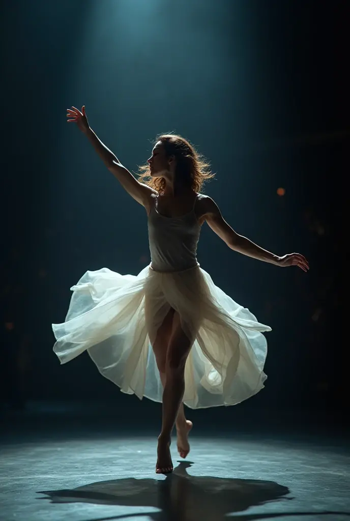 Motion blur portrait, full body portrait, low speed photography of A beautiful woman dancing theater stage, she works to free herself from the underwire and the only cloth left adorning her natural state, in the style of low-key shot, photorealistic, hyperrealistic,
