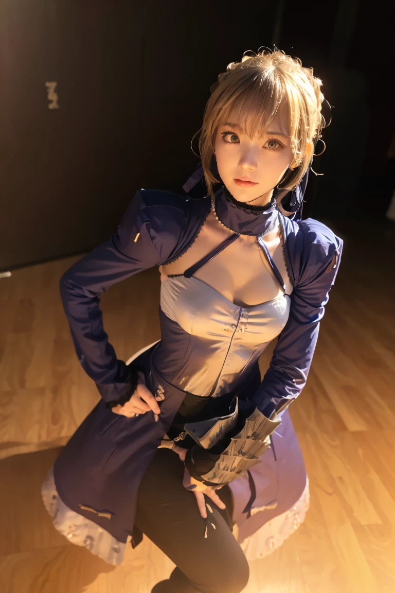 Marie Rose, blonde hair, ((12year old)), ((Ponytail, Wavy hair:1.5)), ((Blue eyes)), Clothes((warrior clothes, Samurai Armored, Light purple, Black gloves)), Ponytail, shock, Colossal tits, huge-breasted, oppai, temple, shrines,