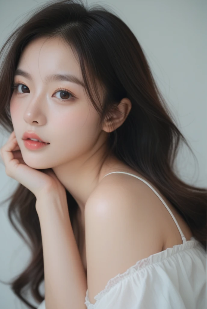 ((masterpiece: 1.4, best quality))+,(ultra detail)+, official art, unity 8k wallpaper, ultra detail, beautiful, high quality, Highlight your cute face,  masterpiece, best quality, Semi-straight medium length hair, (brown eyes, brown hair), bust, looking straight ahead, laugh, Swimsuit model with pink and white pattern, (bust:1.3)