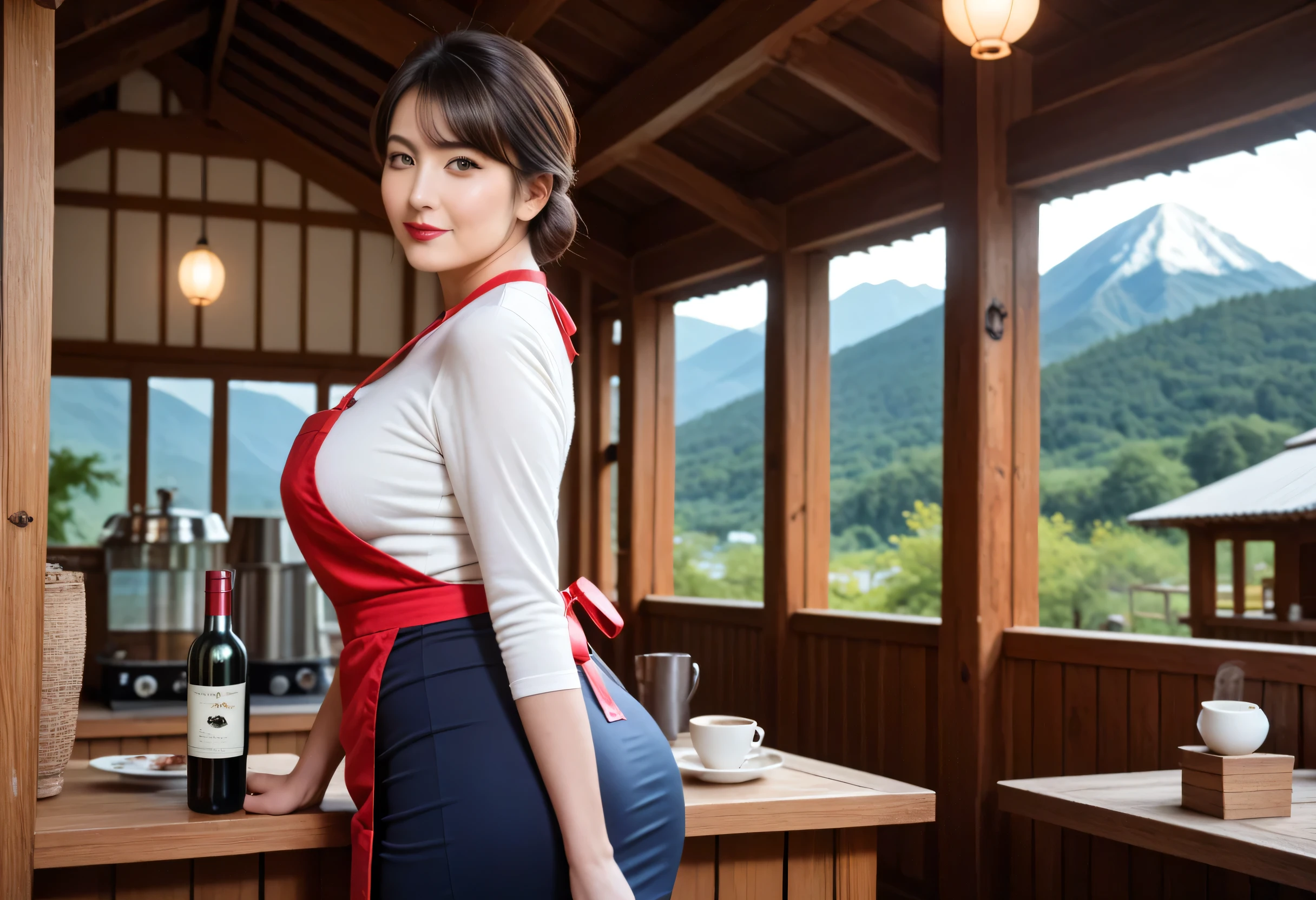 ( Photorealistic), Live Action Realistic Depiction, Real People, Ultra Quality, Ultra Highres, Realistic, (( Realistic Depiction)), Score_9, Score_8_up, Score_7_up, Score_6_up, ( Hyper Photorealism), Sharp Focus, ((( Natural Skin, Real Skin Texture, Extremely Detailed Skin))), Most Beautiful Face, Perfect And Natural Makeup, Lipstick, Detailed Facial Depiction, (( Most Beautiful Japanese Milf, Japanese Woman in Her 40s, Face of a 40 Year Old, Seductive Gaze, Beautiful Eyes, Dark Brown Hair, short Hair)), ( Curvy Body, Large Breasts:1.2, Large Ass:1.2), 1 Woman, Cafe Clerk, (( White Blouse, Tight Skirt, Wine Red Breastplate apron, Pantyhose)), (( Inside a mountain hut-style coffee shop in the mountains, Standing Pose, Chuckle, Alluring expression, Looking at Viewer, Natural Lighting))