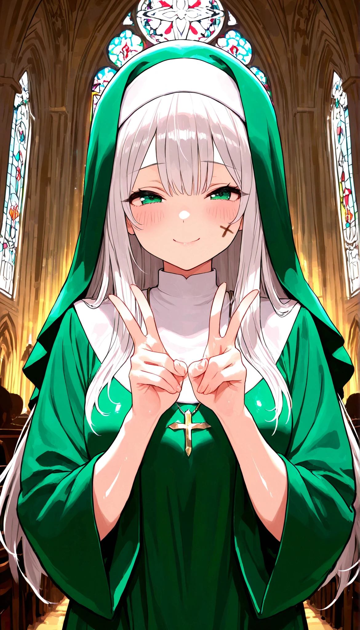 (((Best quality, 8k, Masterpiece: 1.3)), ((best quality)), ((masterpiece)), (detailed), perfect face, perfect body, (detailed skin:1.3), (intricate details), Nun, green robe, silver hair, long hair, shiny hair, shy smile, Cathedral, stained glass, Sacred, serene, Make a V sign with right hand and place it on right cheek