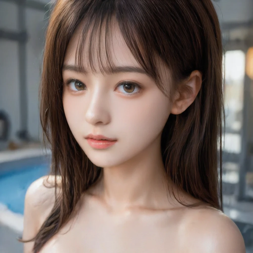 pureerosface_v1,(real picture:1.9)、 top-quality, Photorealsitic, 8K, hight resolution, 1girl in, femele, (Skindentation), (portlate:0.6), a gorgeous, dynamicposes, ((poolsidebackground:1.6)), coconut tree, ((Detailed full nudity:1.4)), See who looks straight:1.8, (1 Girl's eyes looking at the viewer, medium lenght hair, brown haired, partedbangs:1.65), (Bokeh), A smile:1.2, (Keep your mouth shut:1.16)、beautiful boob、Beautiful female genitalia