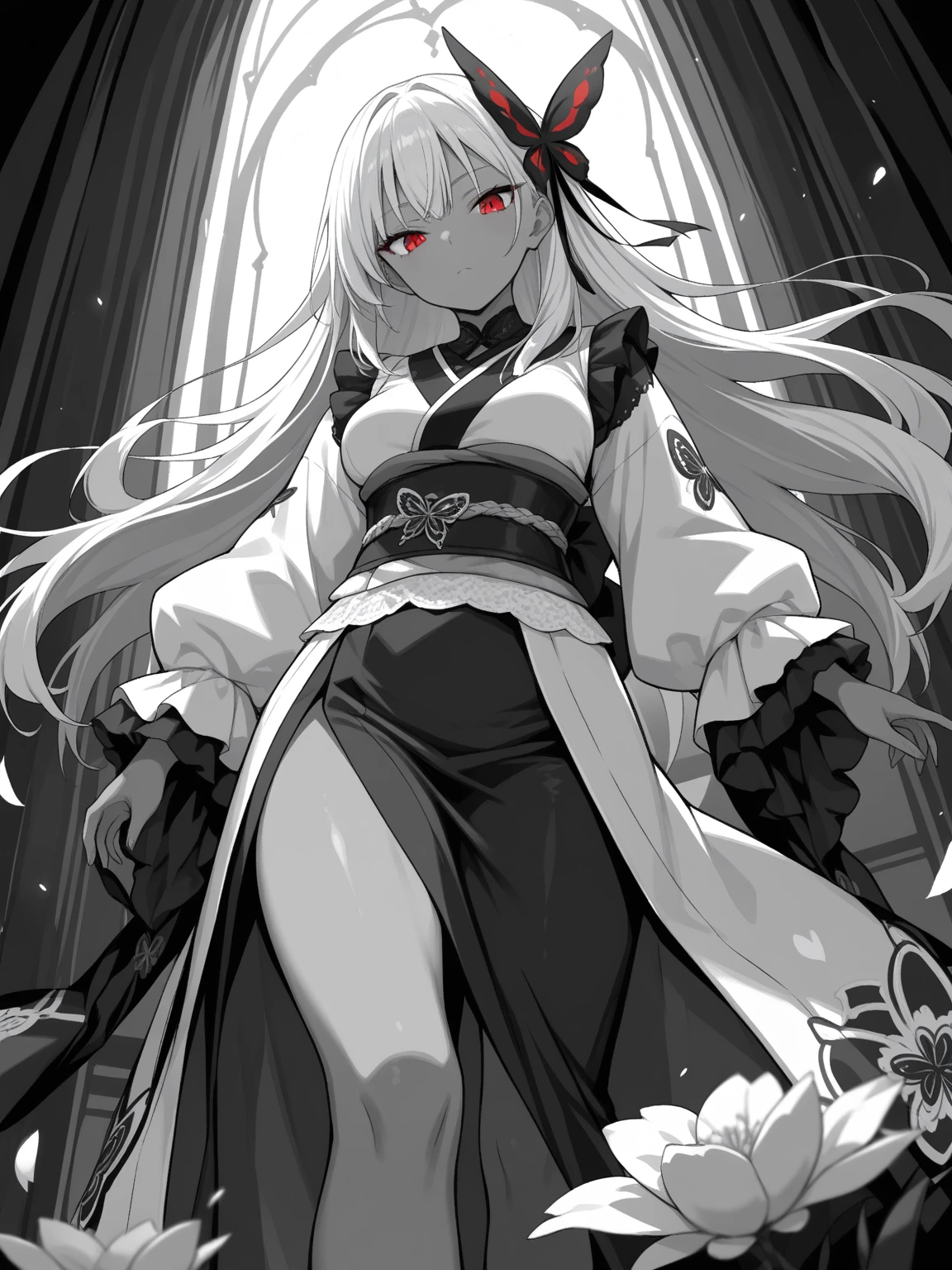 Beautiful demon girl、Space Kimono、(Personification:0.8)、Space horror、horn、Cleavage、Black makeup、Glowing Eyes、Detailed Background、Japanese style temple、ghost、spirit、Apparition、sword、plant、t Mr M、Blood、Wooden floor、空中の魔法のspirit、spirit動物、