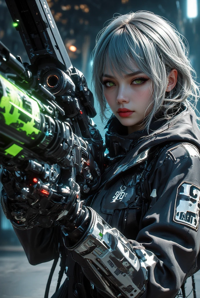 Future space station girl with gun、Silver costume、long silver hair、hold a gun、Sharp eyes、Digital Cyberpunk、Portrait Space Cadet Girl,Cyberpunk Girl Mecha、an oppai cyberpunk、Cute cyborg girl、optic、llight rays