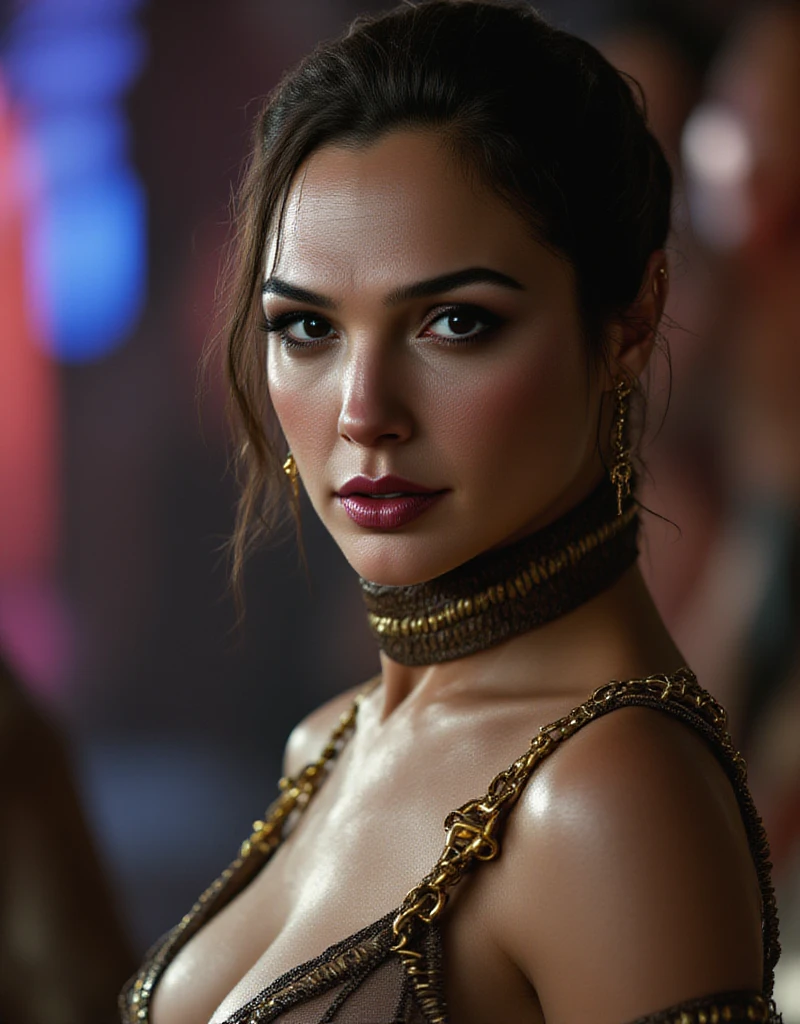 a beautiful blonde woman, detailed eyes, beautiful detailed lips, perfect body proportion, extremely detailed face, long eyelashes, at a luxury restaurant, with a piercing and captivating gaze, (best quality,4k,8k,highres,masterpiece:1.2),ultra-detailed,(realistic,photorealistic,photo-realistic:1.37),HD, studio lighting, hyper-realistic, porcelain skin, cinematic lighting, dramatic lighting, elegant long black dress, a elegant pose, little golden necklace, dark and moody atmosphere, warm color tones, chiaroscuro lighting