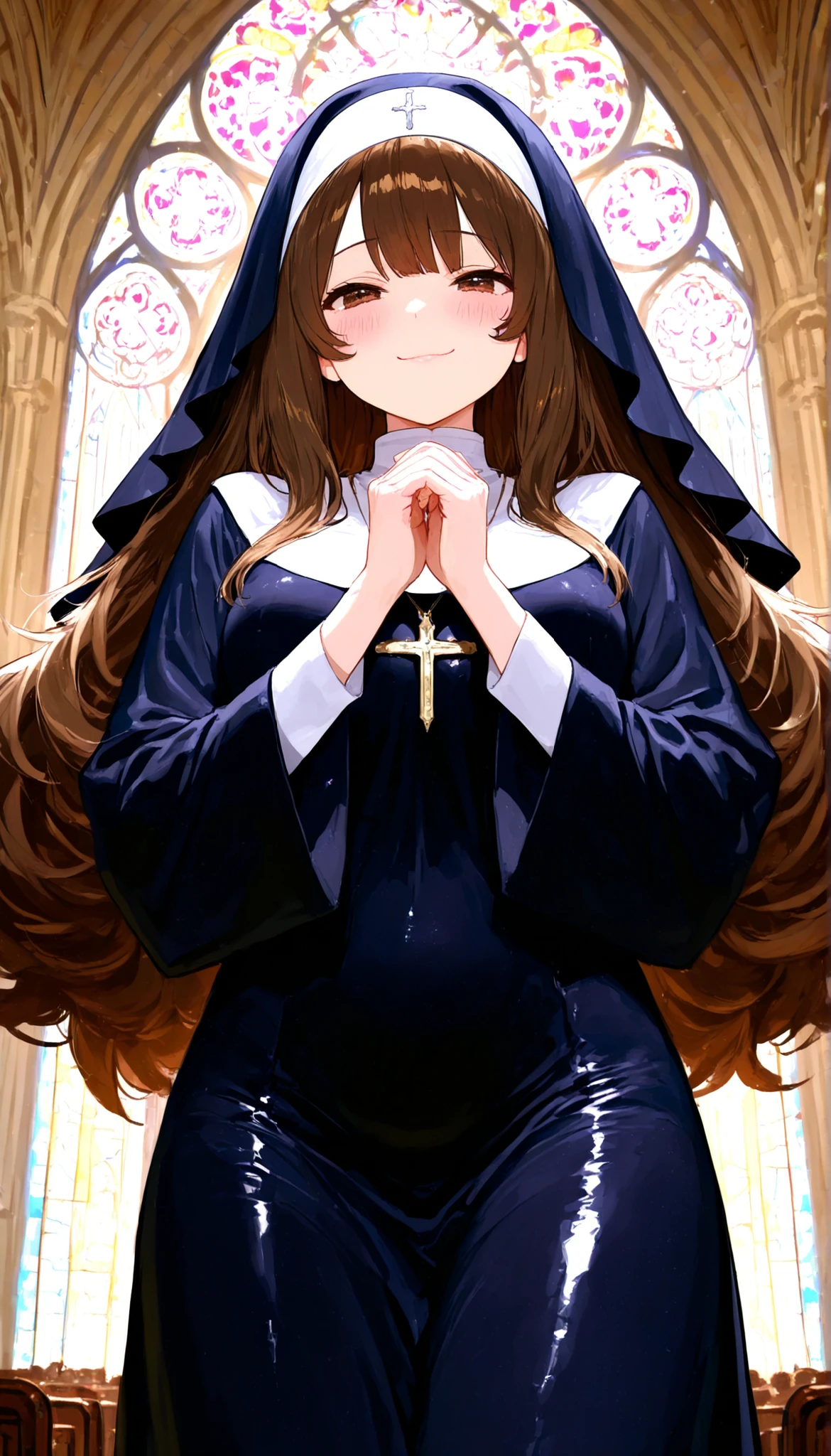 (((Best quality, 8k, Masterpiece: 1.3)), ((best quality)), ((masterpiece)), (detailed), perfect face, perfect body, (detailed skin:1.3), (intricate details), Nun, dark blue robe, brown hair, big hair, shiny hair, shy smile, Cathedral, stained glass, Sacred, serene, Make a V sign with right hand and place it on right cheek