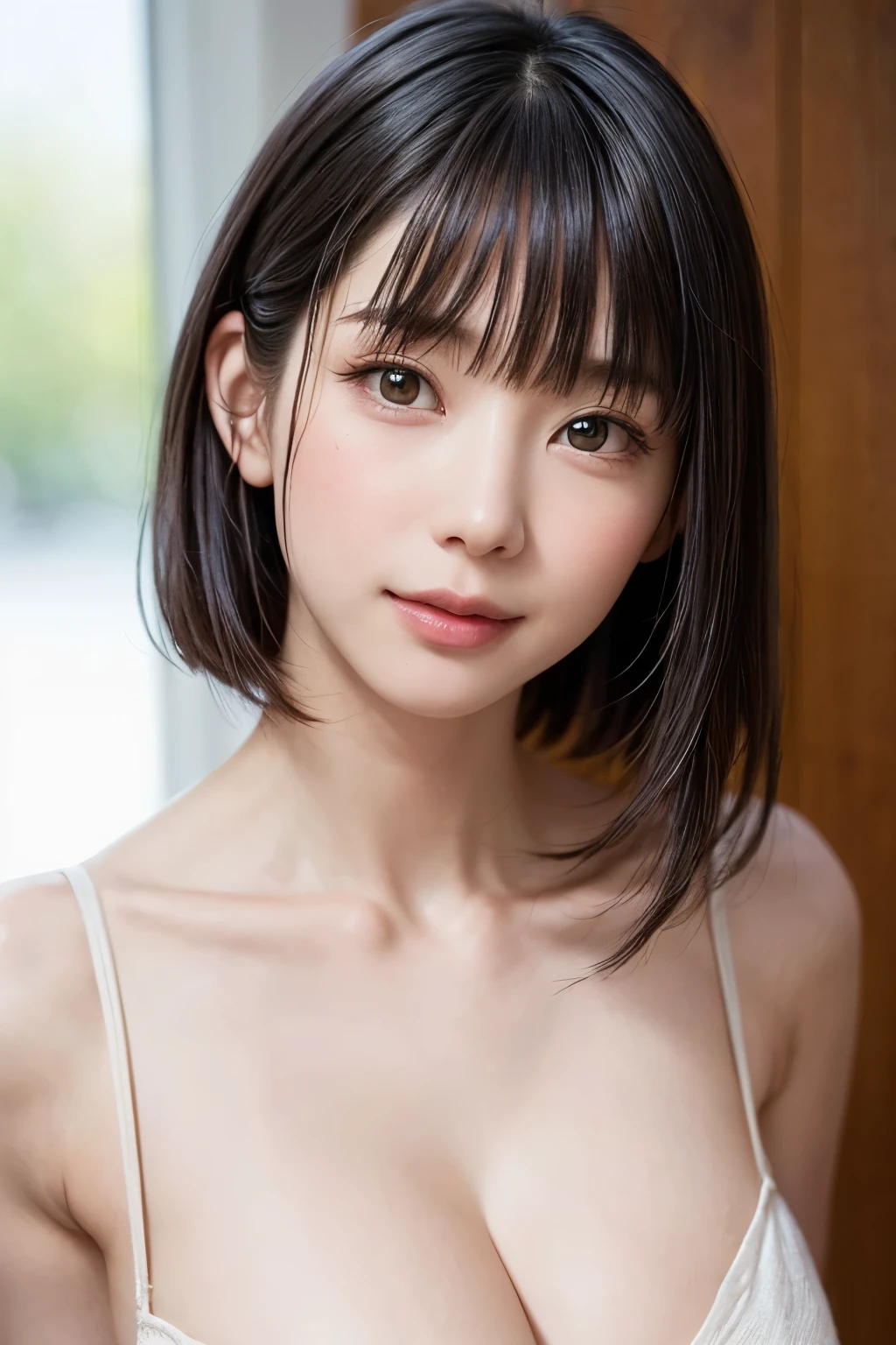 ((masterpiece, Highest quality, High resolution、Realisticですべてが美しく詳細に描かれている)), 1 person, (Realistic: 1.4), alone, White Background, snow-White Background, Mouth closed, smile, smile, Beautiful black hair, short hair, Big eyes, Transparent double eyelids, eyelash, Listen carefully, Long neck, 美しくLong neck, Absolute area, ((Face close-up)), (Draw the whole head, shoulder), 1, Attractive proportions, Glowing Skin, Beautiful clavicle, Golden ratio face, Perfect Face, Teardrop-shaped mole, chestのほくろ, bangs, clean bangs, beautiful bangs, Lip gloss, Thin lips, Fair skin, naked, Big Breasts, {Huge|big|Hugeな|Mega} chest:2, chestの谷間:2,chestの谷間を見せる、Small face, Small face, All the heads are painted, shoulder all drawn, Point slightly above the camera