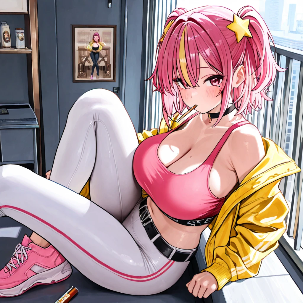 Hyper realistic {sakura haruno, (sweaty)}, perfect symmetrical body, thin waist, {sitting on a gaming chair, holding a PlayStation 5 DualSense}, facing the camera, symmetrical face, ideal human, 85mm lens, f8, photography, ultra details, natural light, backlight, photo, studio lighting