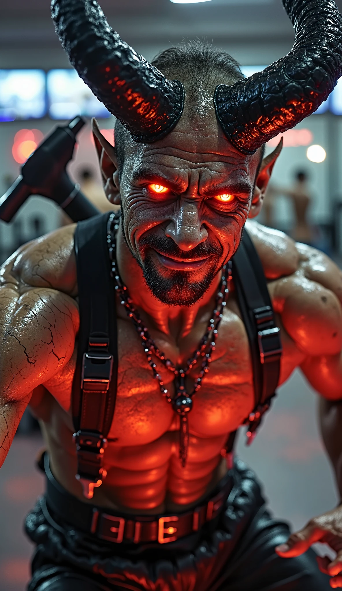 (exquisite detail)1, (perfect quality)1, (specular reflections)1,  winking fire imp squats on an iron bar in the industrial smelting works, a cup of molten lead in its hand