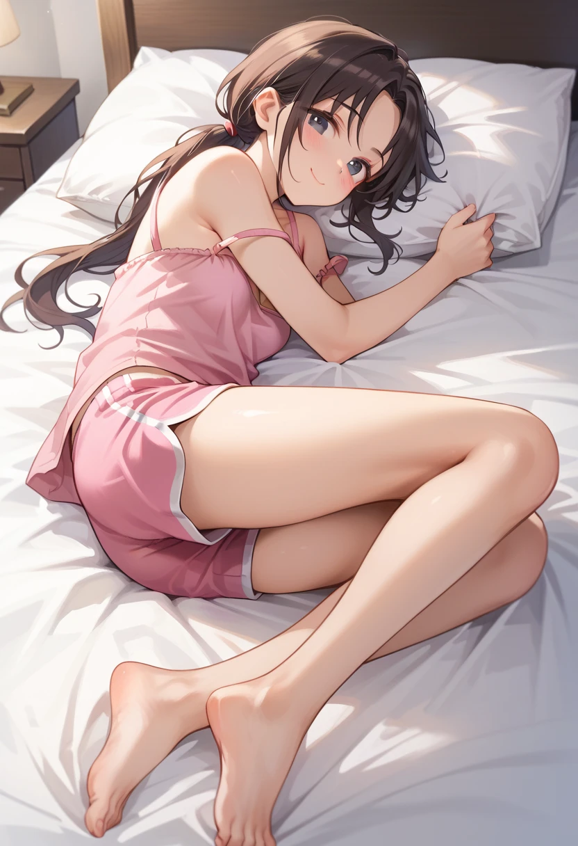 (masterpiece, best quality:1.5), (ultra detailed, high resolution, 8k, beautiful detailed, UHD, best anatomy), black hair, very flat breasts, 1 attractive elf, barefoot, bed room, night, Lying on the bed, asleep, Both eyes closed, Pajamas with short sleeves and short pants, An expression of relief
