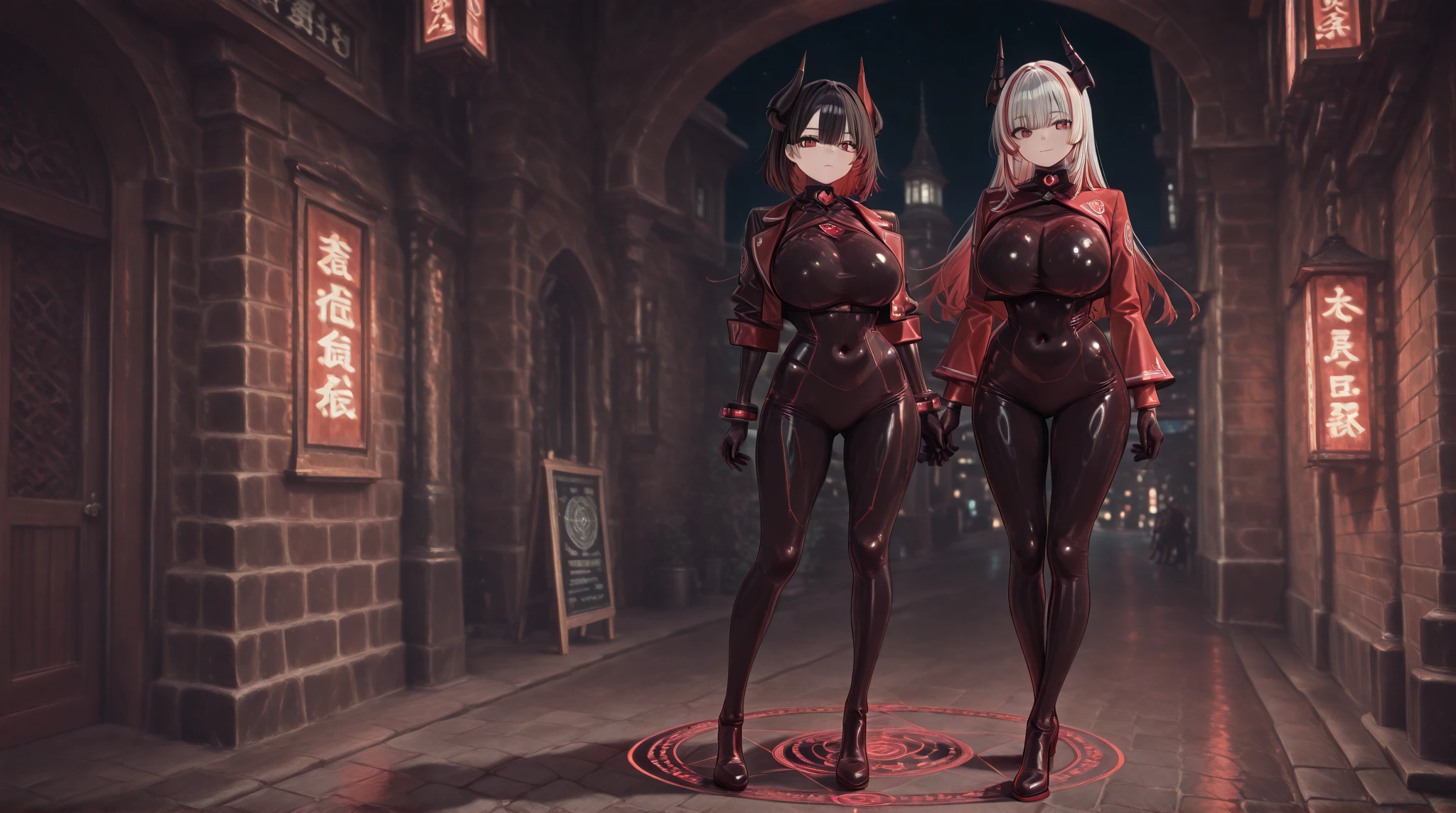 hell, devil, infernal, wide hips, slim hourglass figure, narrow waist, 2girls, (zen ghoul driller:1.3), (in a  megacity:1.3), full body, neon white hair, side braid, glowing beige eyes, [:intricate costume design:0.2], , (small breasts:1.5), athletic toned hourglass figure,(muscular legs:0.25), , ((china dress:1.2):1.2), <lora:EnvyInfernalXL01b:1:1:lbw=ALL>