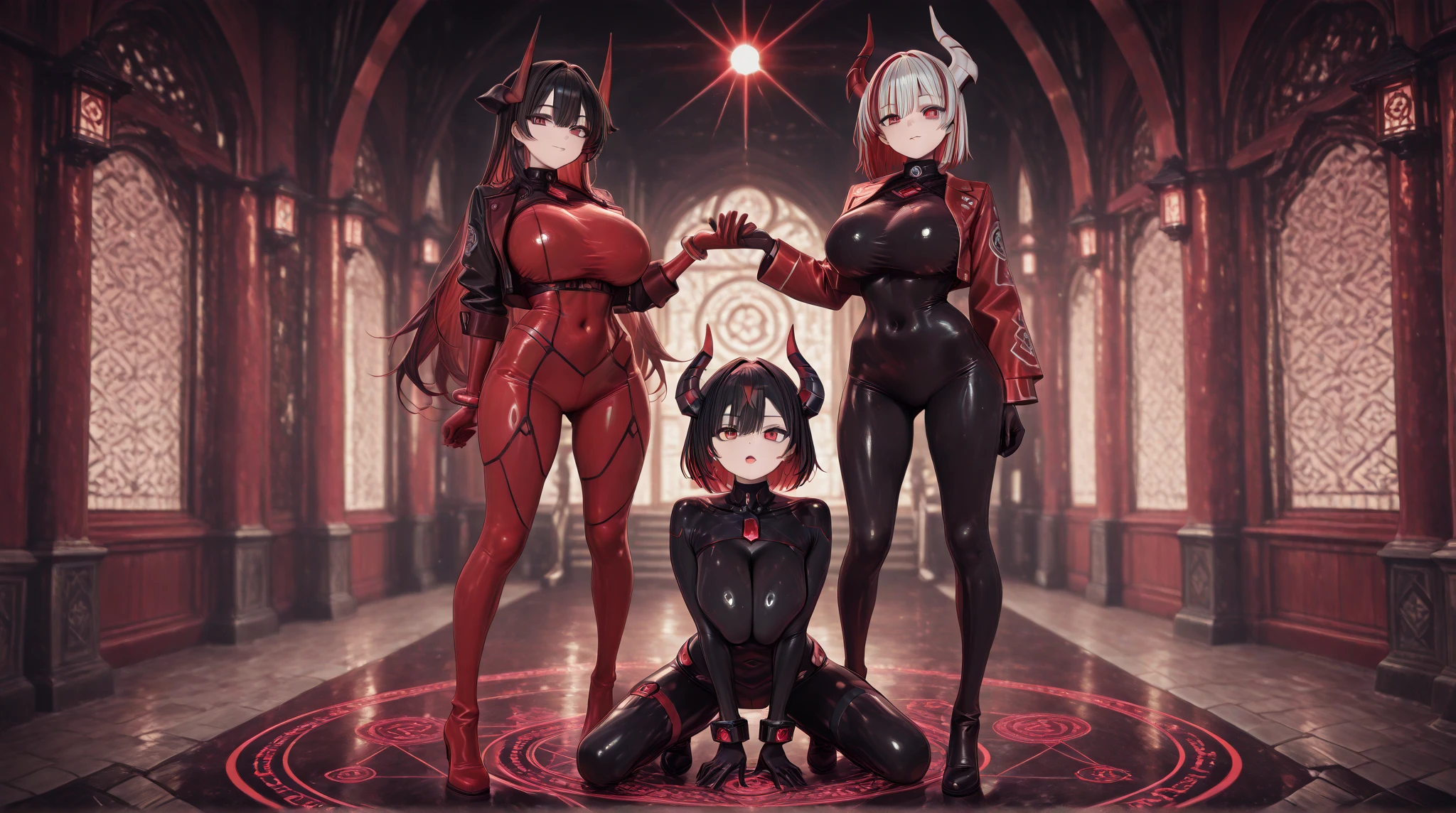 5 girls, many girls, beautiful face, perfect face, puffy nipples, huge nipples, brown nipples, erect nipples, huge tits, big tits, hooves, hooves instead of shoes, round ass, many tattoos, succubus, horns, wings, tail, fishnet stockings, lots of tattoos, nipple rings, navel piercings, eyebrow piercings, black tape on nipples, small thongs, full face mask, tanned, bikini line