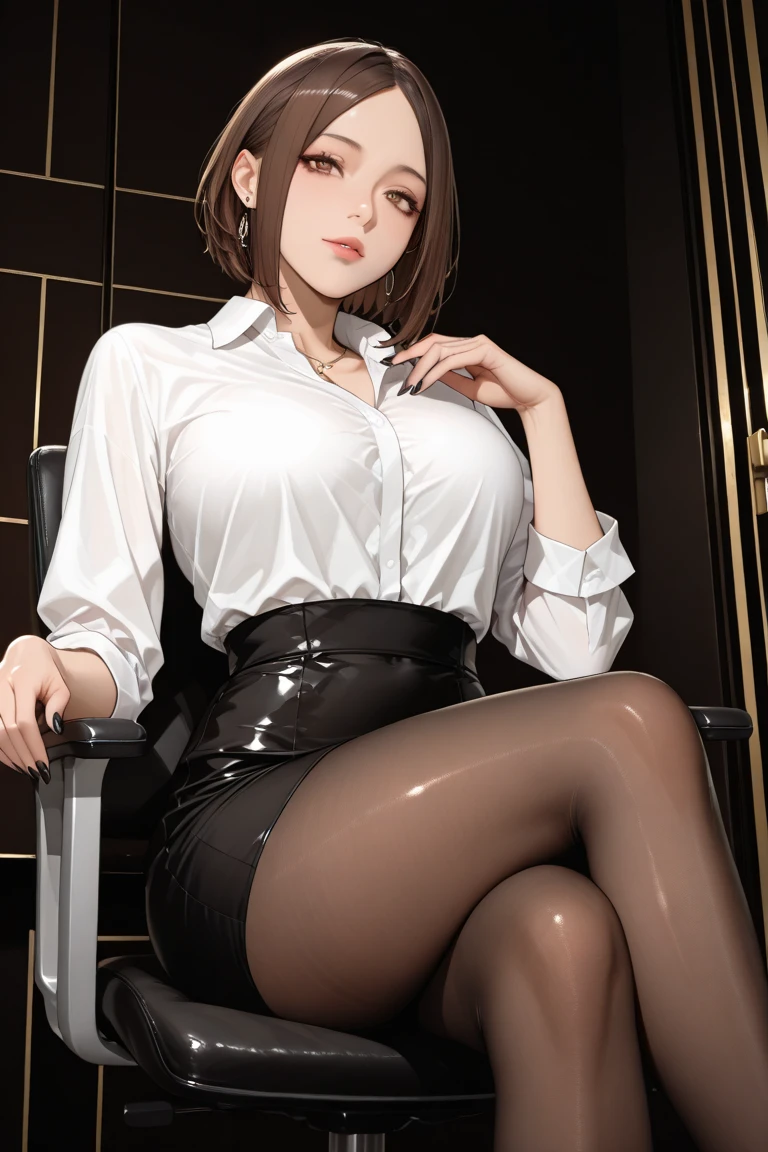 Hyper realistic super detailed sexy professora , sitting at the table open blouse , glasses crossed legs high heels , e cup breasts