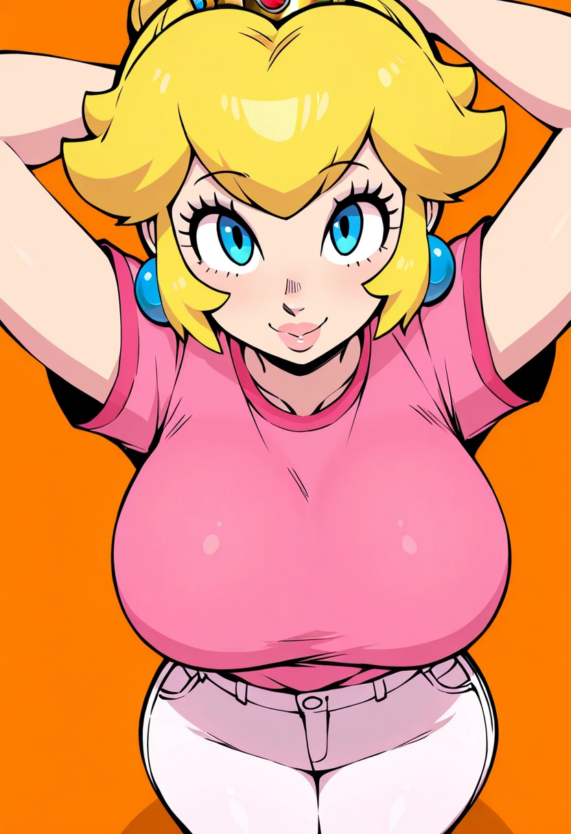 1girl, solo woman, 1 person, single person, woman with a ((PINK)) sleeveless turtleneck sweater, short ((PINK)) skirt, full body portrait, girl fanart, !!full body portrait!!, fullbody portrait, full body character portrait, full-body character portrait, detailed full body, full body illustration, anime full body illustration, anime style character, blonde hair, hairstyle: Pigtails, white thighhigh socks, green eyes, freckles, ((GOLD)) hoop earings, ((no item in hands)) ((ECCHI)) ((LEWD)) ((naughty)) ((Showing skin)) ((Showing chest)) ((Open chest)) ((WHITE BACKGROUND)) white background, 4k resolution blank background, White backdrop ((Perfect Hands))