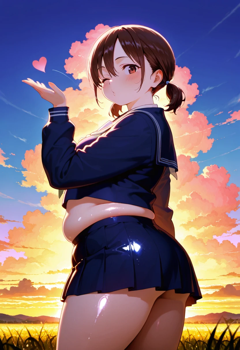 1girl, solo, Boku no Kokoro no Yabai Yatsu, honoka hara, short hair, brown hair, hair between eyes, brown eyes, low twintails, short twintails, plump, chubby body, thick arms, thick thighs, fat rolls, fat, small breasts, (small belly), school uniform, blowing kiss, pucked lips, heart, one eye closed, o3o, looking at viewer, hand up, cowboy shot, girl standing in silhouette in a field at sunset on a cloudy day, view back, silhouette, sky, cloud, scenery, sunset, color warm, Smooth Quality+, cinematic lighting , cinematic angle, soft light , color detail, backlighting, Depth of field, long exposure, light steps, intricate colors, vibrant colors, CINEMA Quality, hyper-detailed anime style, hyper-detailed lighting, best quality, colorful, vibrant, very aesthetic, (8K),(absurdres),(crisp quality),(rich contrast),(sharp focus),(best quality),(high resolution),(Looking delighted),(masterpiece),(detailed face),(illustration),(ultra detailed),(rich contrast),(a best quality illustration),(a masterpiece portrait of a woman with ultra detailed features, in 8K resolution, with crisp quality and vibrant colors),(detailed eyes),(perfect eyes),(ultra detailed eyes),((nice hands)),((perfect hands)),((gleaming skin)),((shiny skin)),((best quality)),((high resolution)),((ultra-high resolution)),((masterpiece)),((ultra detailed)),((illustration)),((an extremely delicate and beautiful)),((detailed face)),((perfect eyes)),((perfect detail)),(High Resolution), (More Details), (8K), (High Resolution)